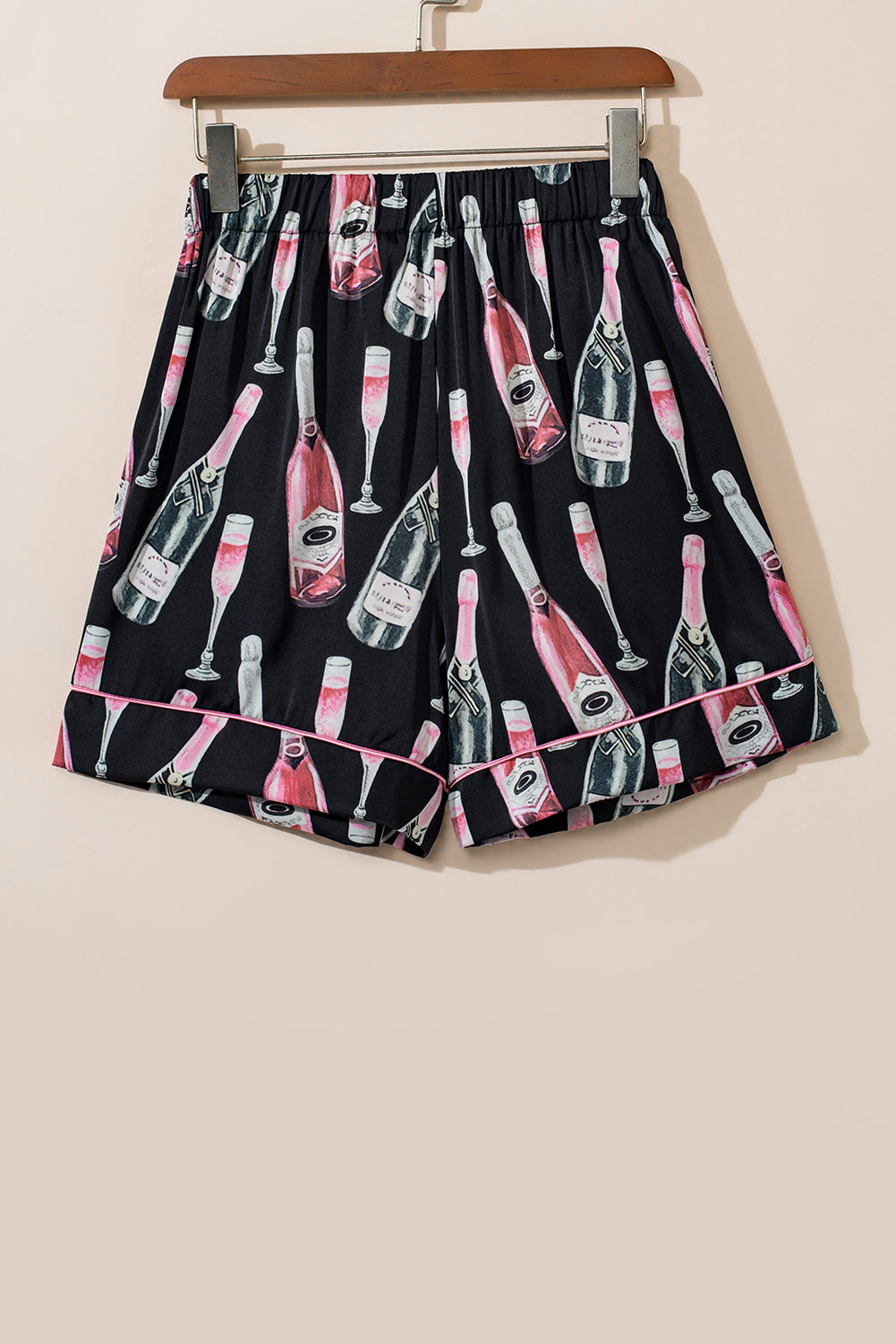 Black Champagne Print Silky Short Sleeve Pajamas Set - MAD RUFFI