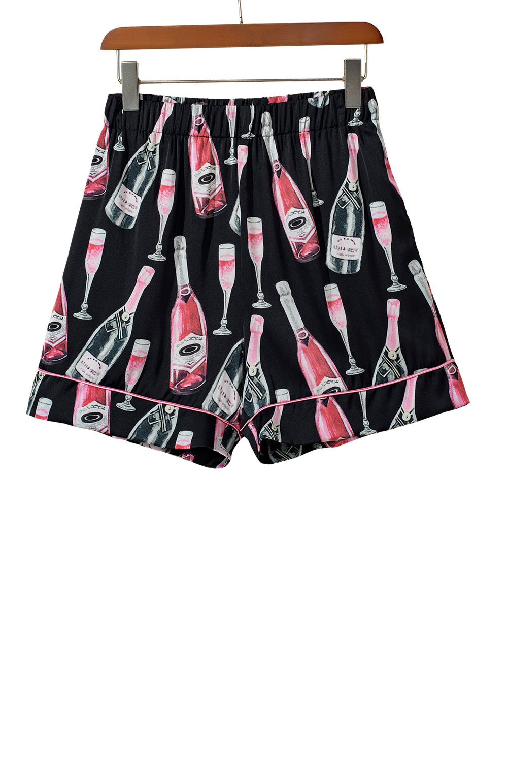 Black Champagne Print Silky Short Sleeve Pajamas Set - MAD RUFFI