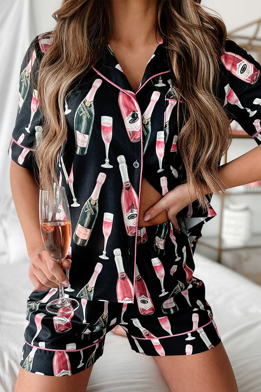 Black Champagne Print Silky Short Sleeve Pajamas Set - MAD RUFFI