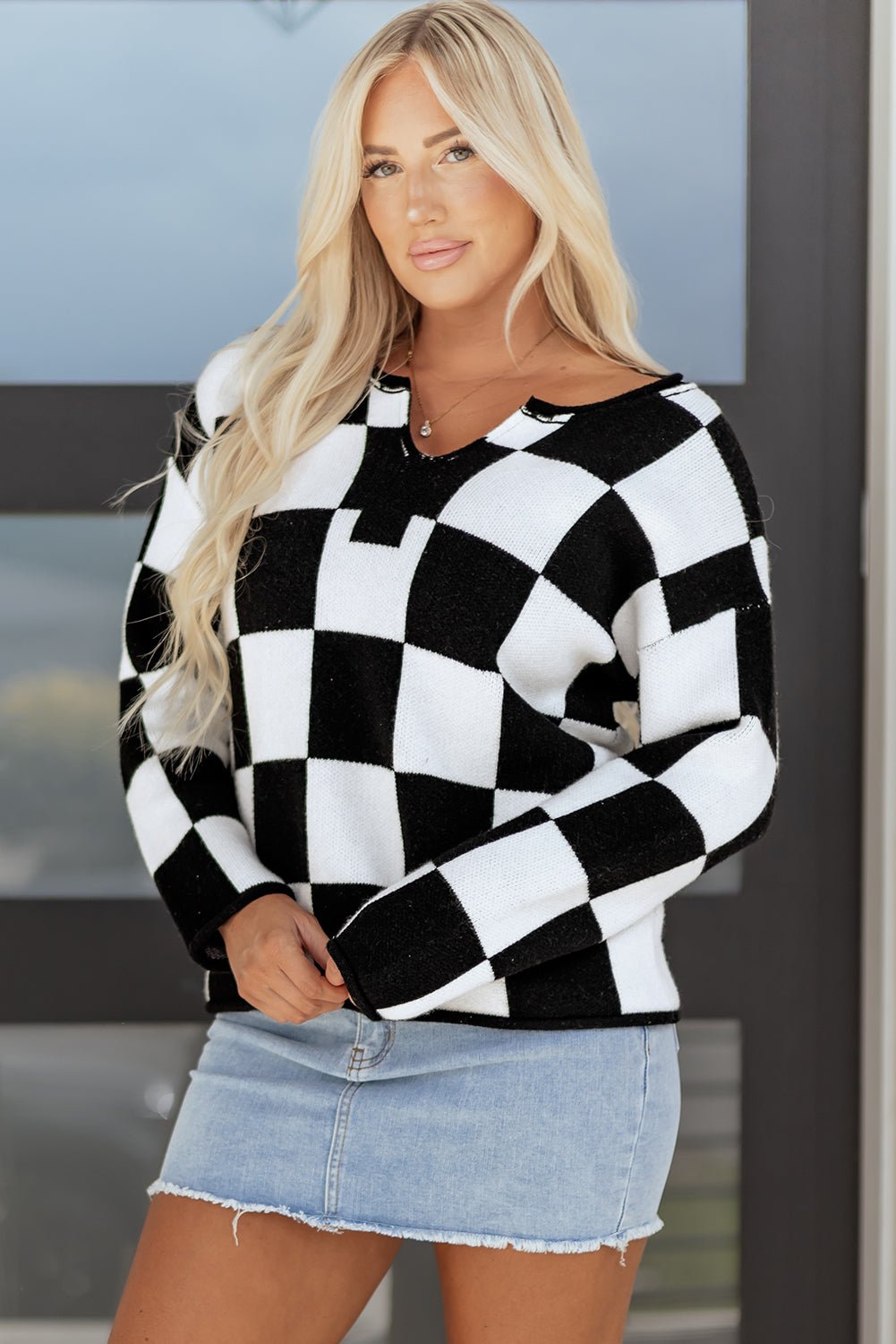 Black Checked Notched Neckline Drop Shoulder Knit Sweater - MAD RUFFI