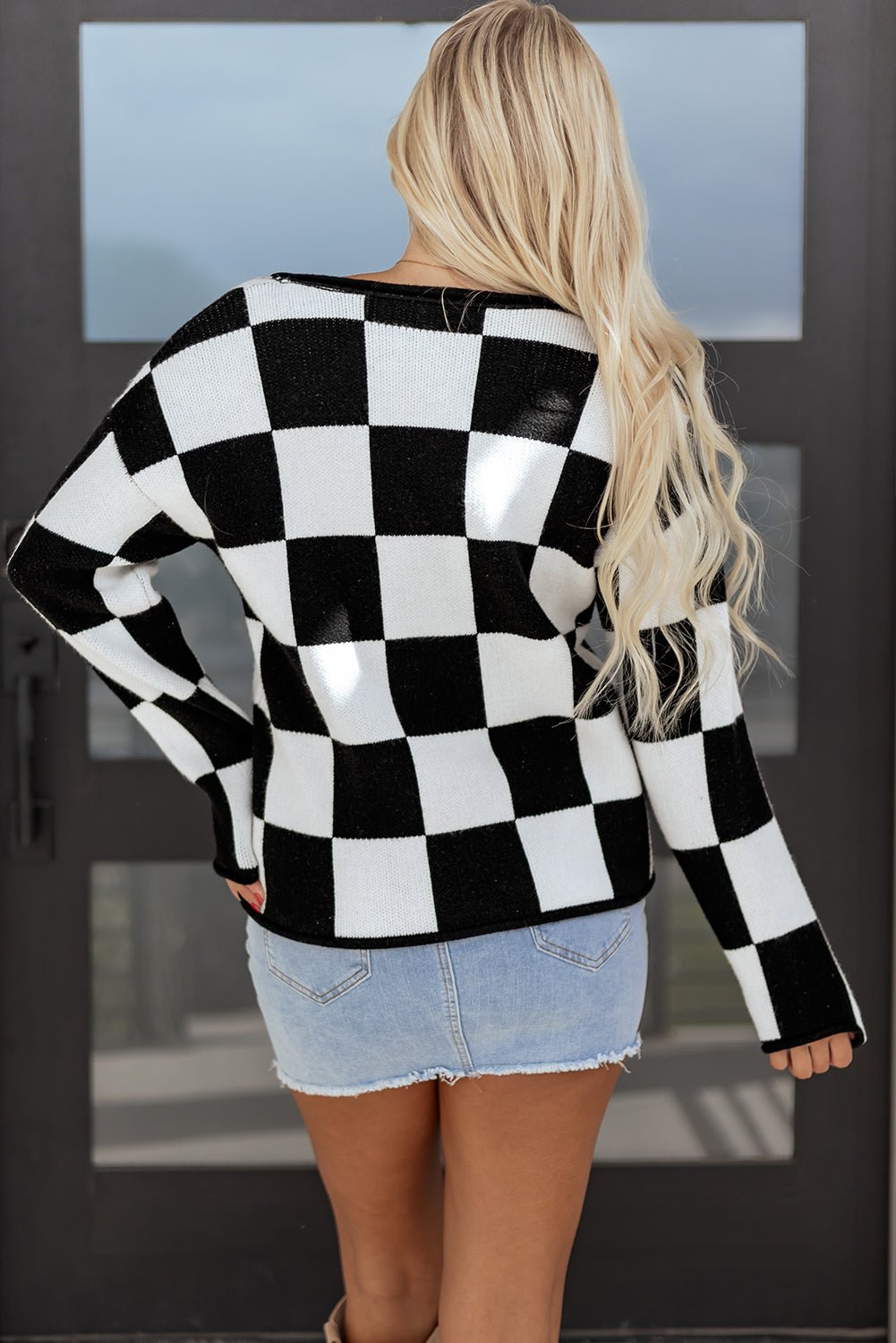 Black Checked Notched Neckline Drop Shoulder Knit Sweater - MAD RUFFI