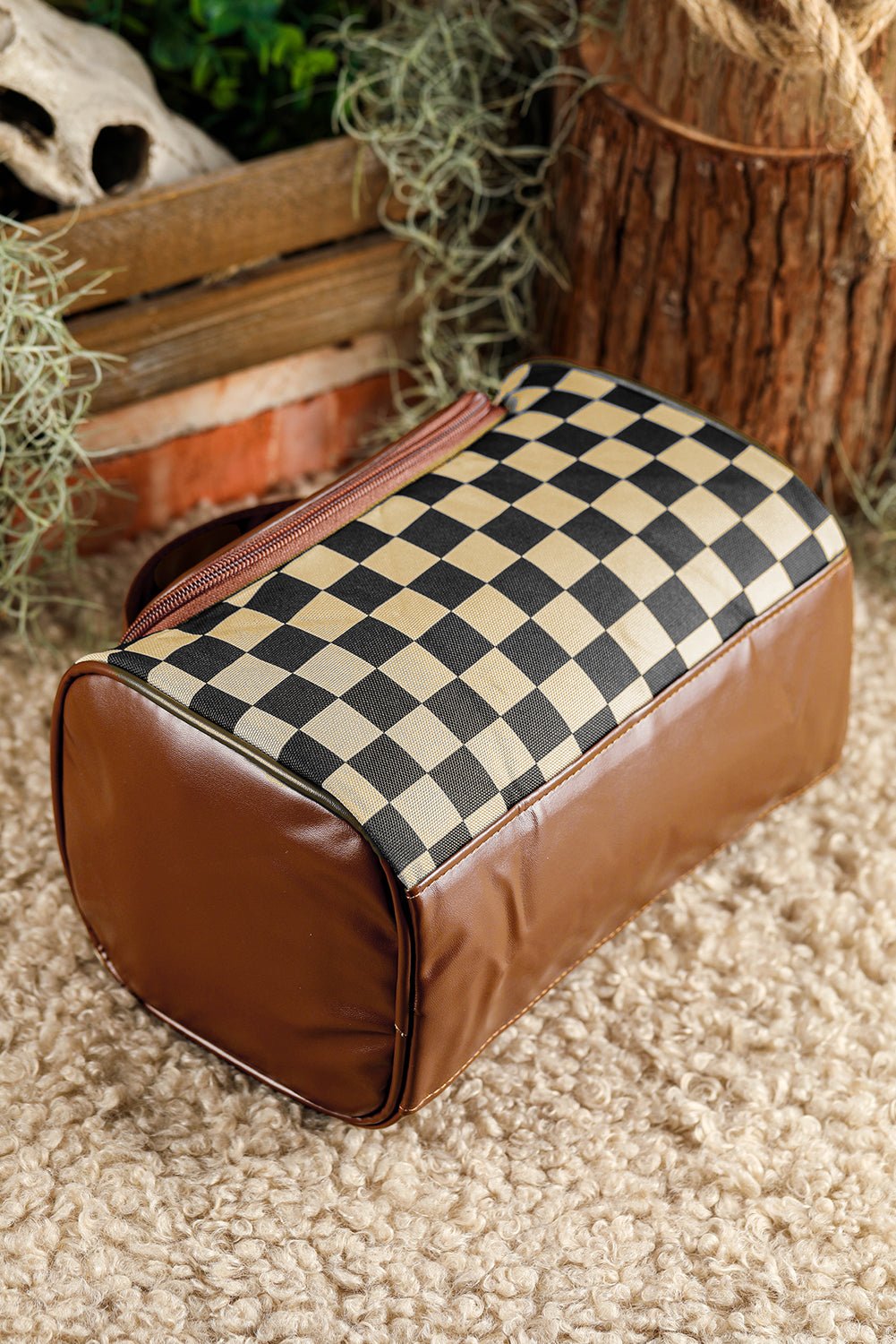 Black Checker Print Leather Zipper Makeup Bag - MAD RUFFI