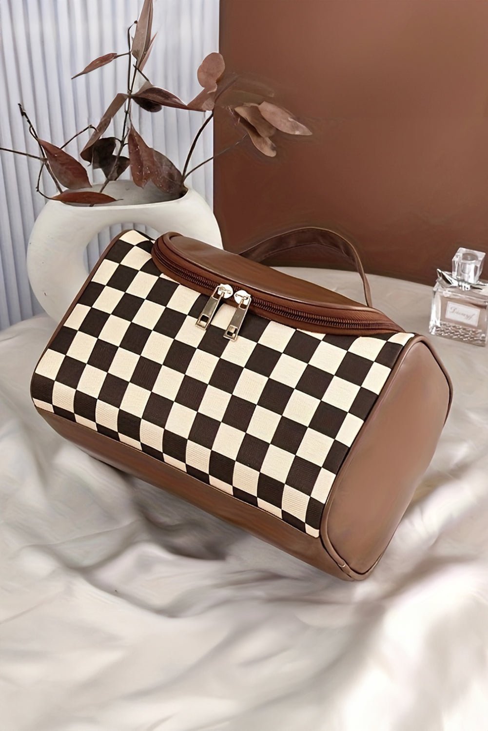 Black Checker Print Leather Zipper Makeup Bag - MAD RUFFI