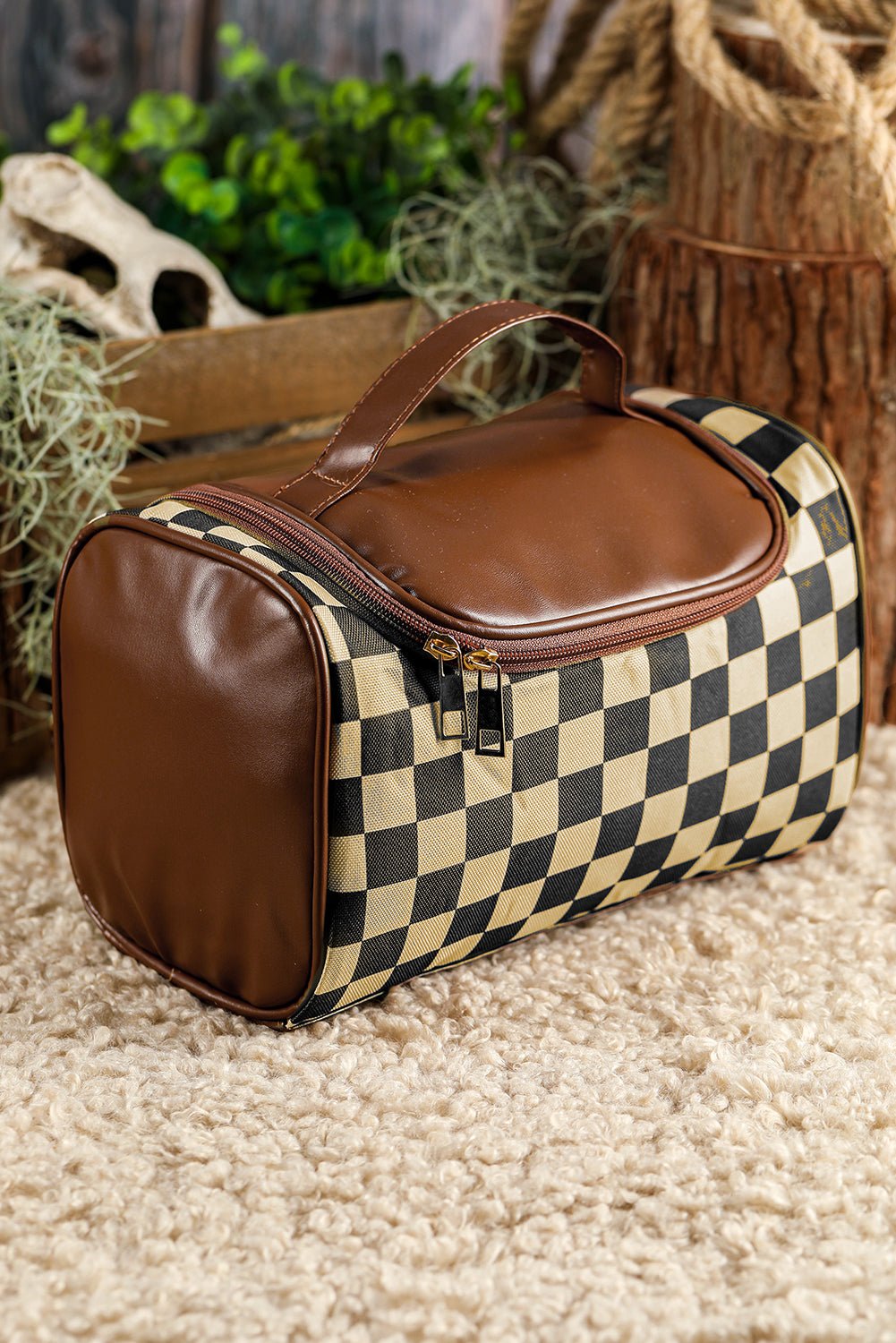 Black Checker Print Leather Zipper Makeup Bag - MAD RUFFI