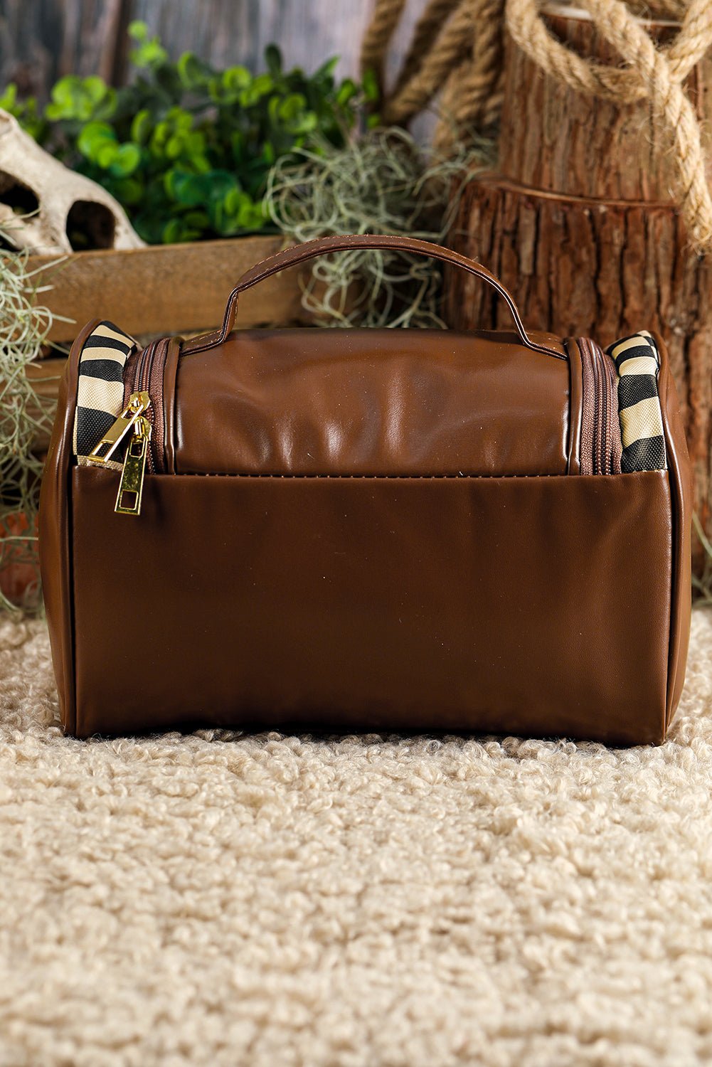 Black Checker Print Leather Zipper Makeup Bag - MAD RUFFI