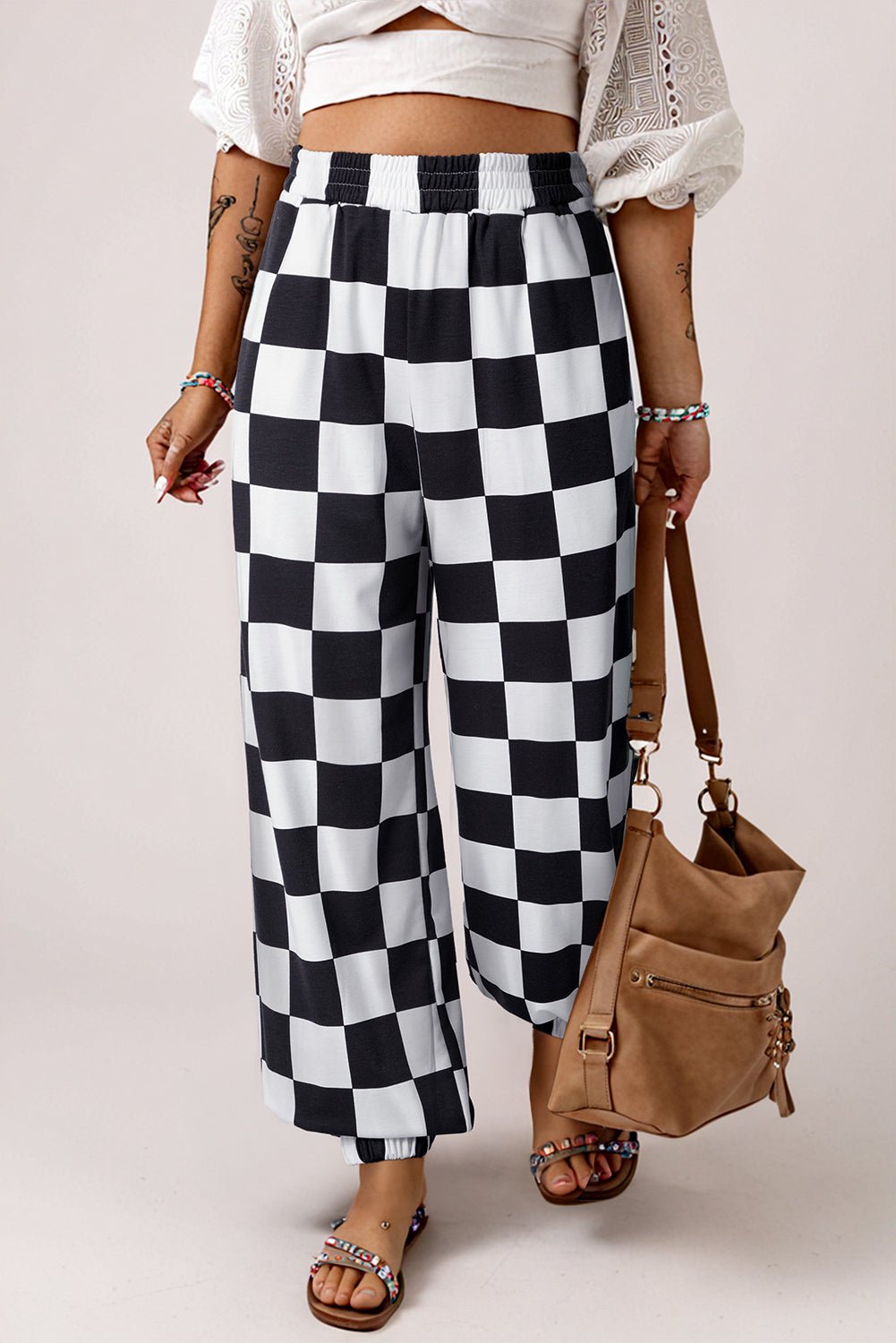 black checkerboard elastic waist pocketed joggers - MAD RUFFI