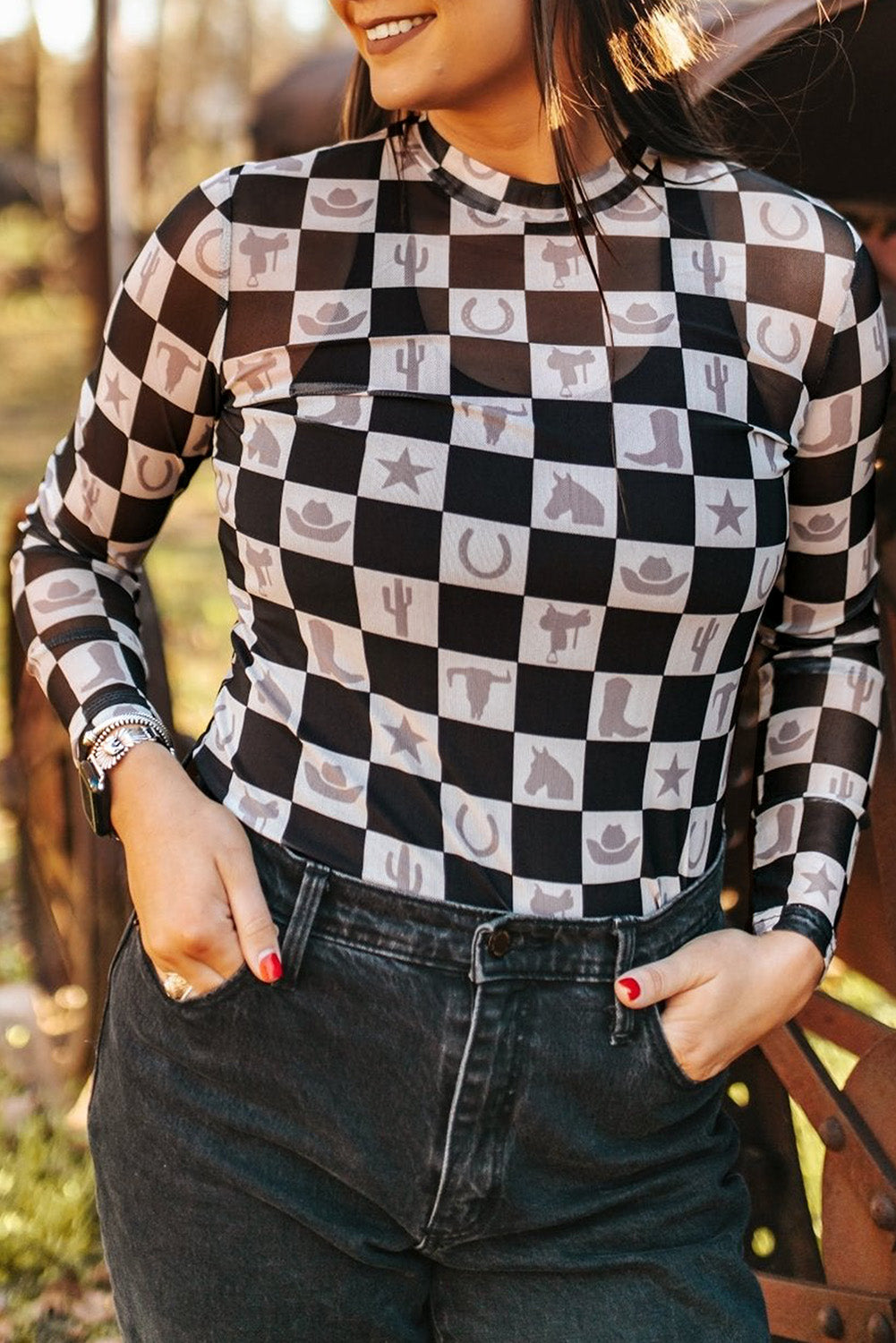 Black Checkerboard Mesh Slim Fit Long Sleeve Top - Black / S - Long Sleeve Tops