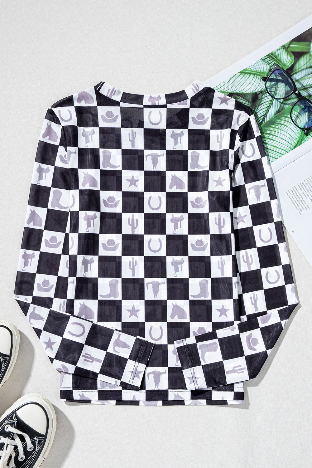 Black Checkerboard Mesh Slim Fit Long Sleeve Top - Long Sleeve Tops