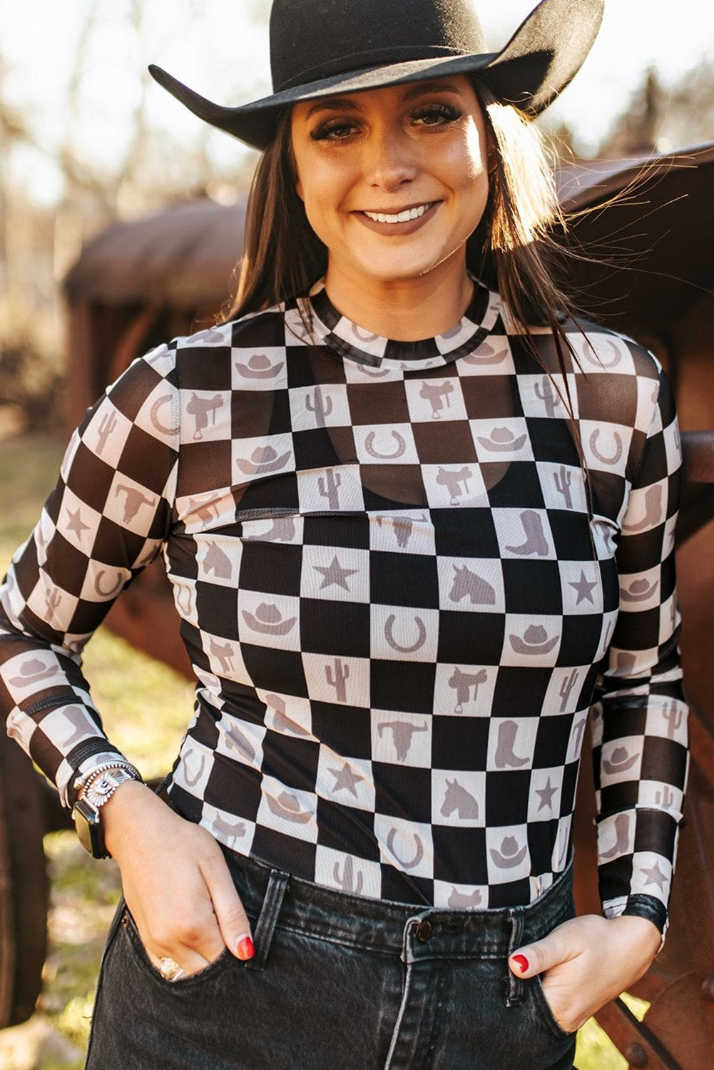 Black Checkerboard Mesh Slim Fit Long Sleeve Top - Long Sleeve Tops