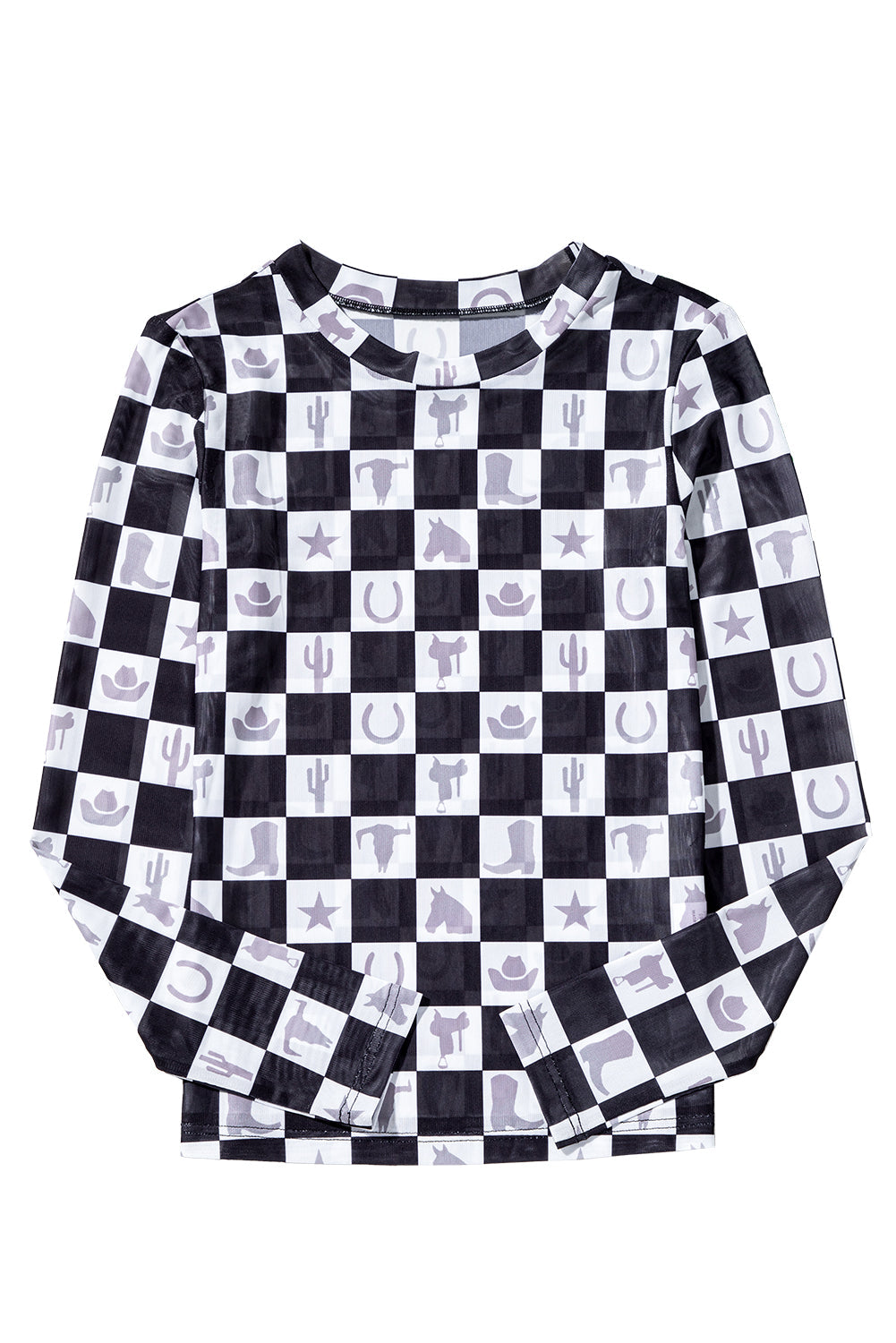 Black Checkerboard Mesh Slim Fit Long Sleeve Top - Long Sleeve Tops