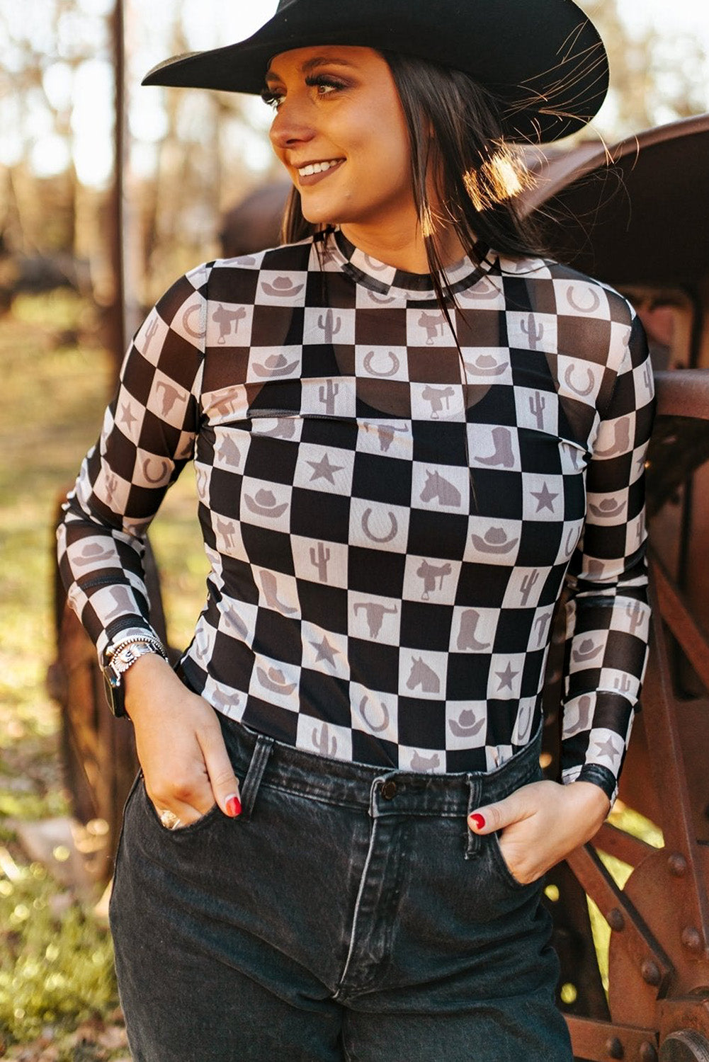 Black Checkerboard Mesh Slim Fit Long Sleeve Top - Long Sleeve Tops