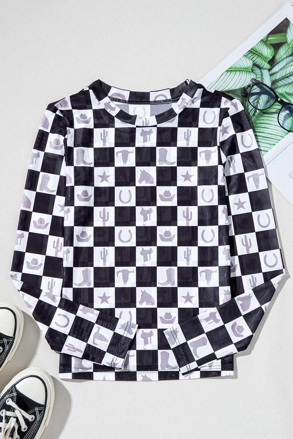 Black Checkerboard Mesh Slim Fit Long Sleeve Top - Long Sleeve Tops