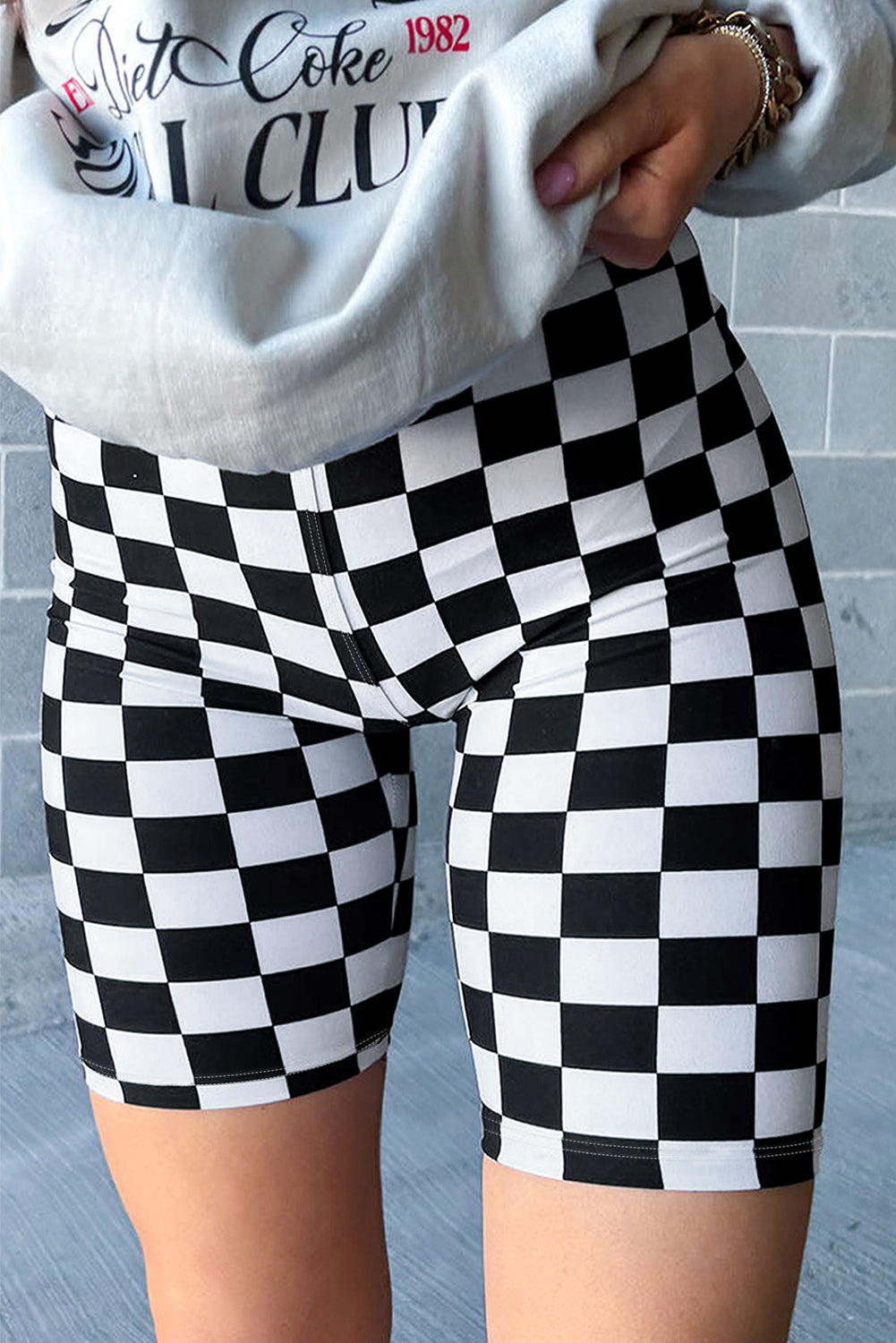 Black Checkerboard Printed High Waist Biker Shorts - MAD RUFFI