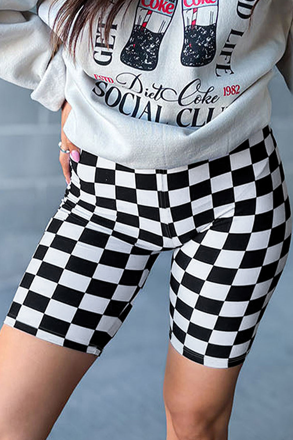 Black Checkerboard Printed High Waist Biker Shorts - MAD RUFFI