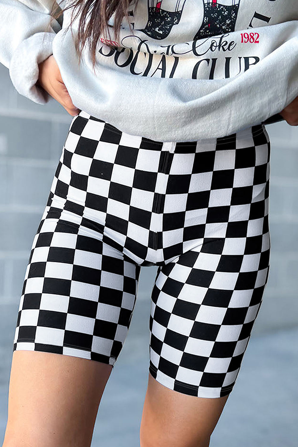 Black Checkerboard Printed High Waist Biker Shorts - MAD RUFFI