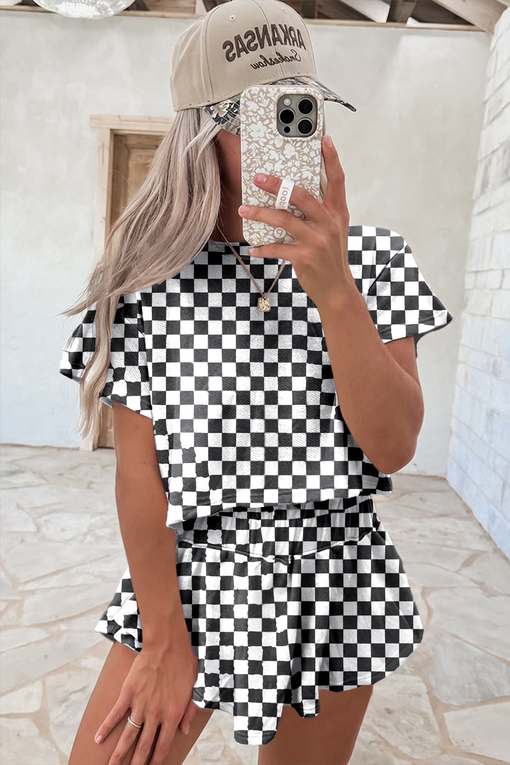 Black Checkerboard T Shirt and High Waist Skorts Set - MAD RUFFI