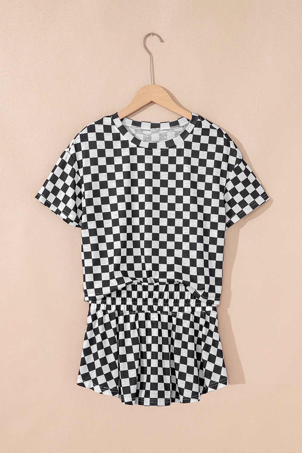 Black Checkerboard T Shirt and High Waist Skorts Set - MAD RUFFI