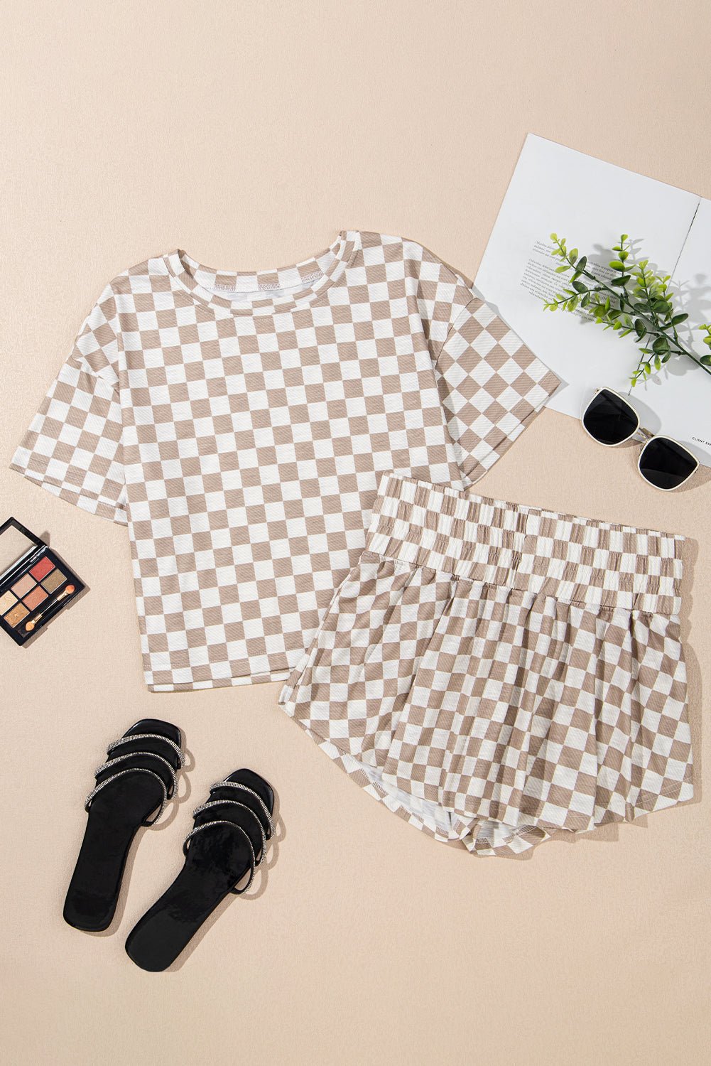 Black Checkerboard T Shirt and High Waist Skorts Set - MAD RUFFI