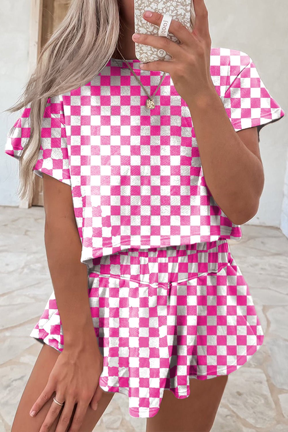 Black Checkerboard T Shirt and High Waist Skorts Set - MAD RUFFI