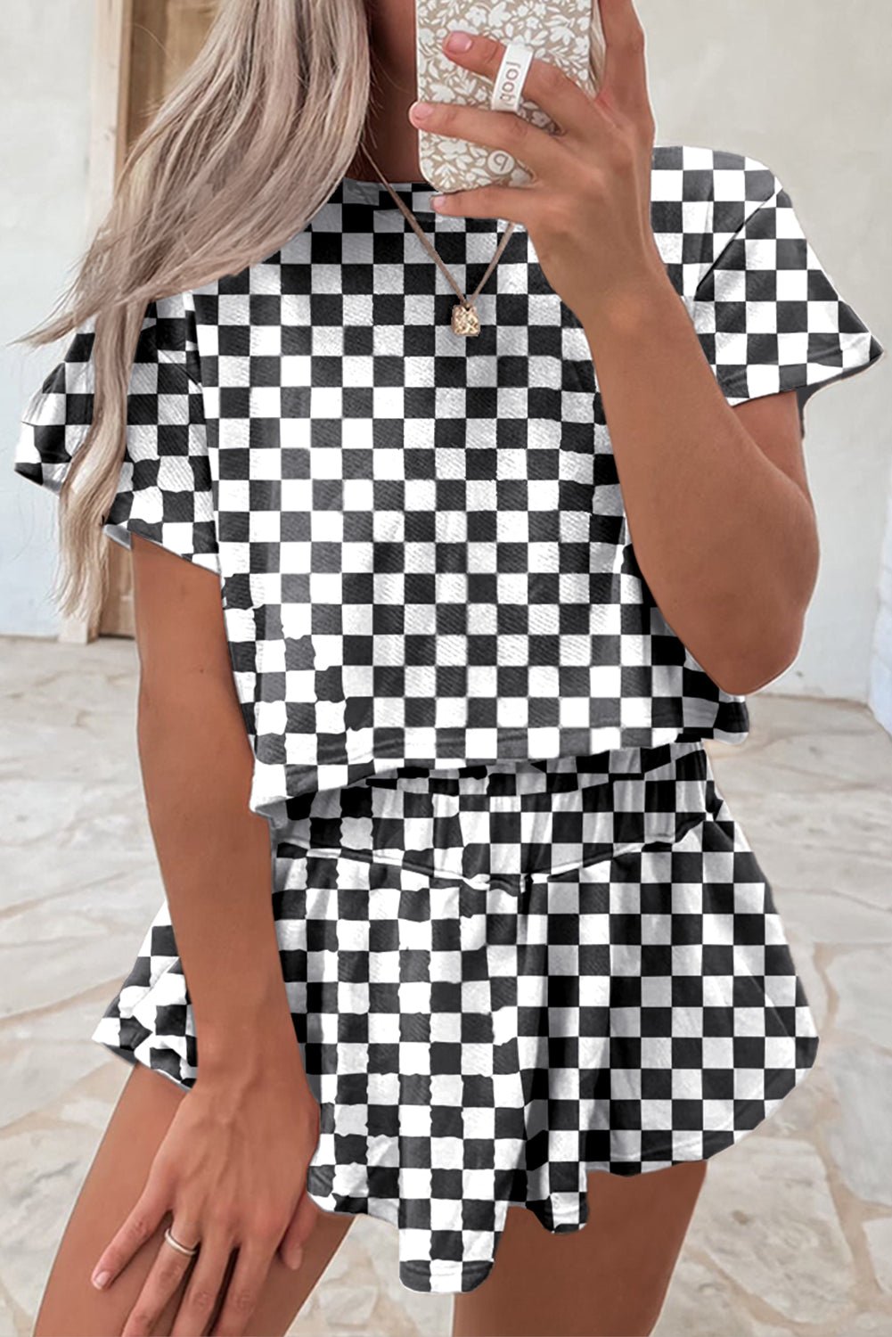 Black Checkerboard T Shirt and High Waist Skorts Set - MAD RUFFI