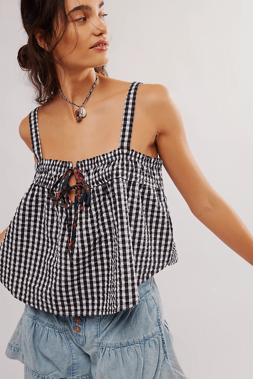black checkered front tie cami top - MAD RUFFI