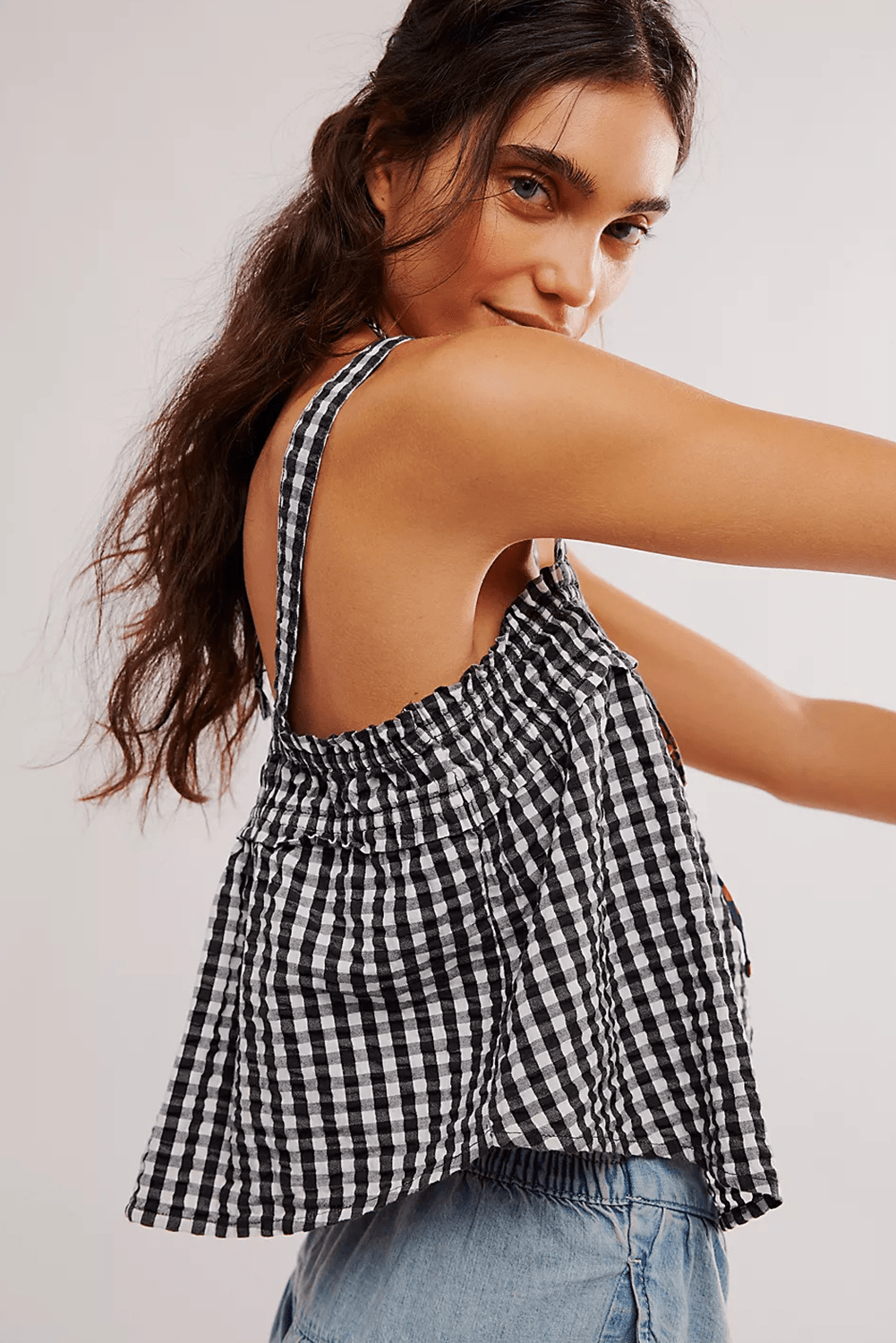 black checkered front tie cami top - MAD RUFFI