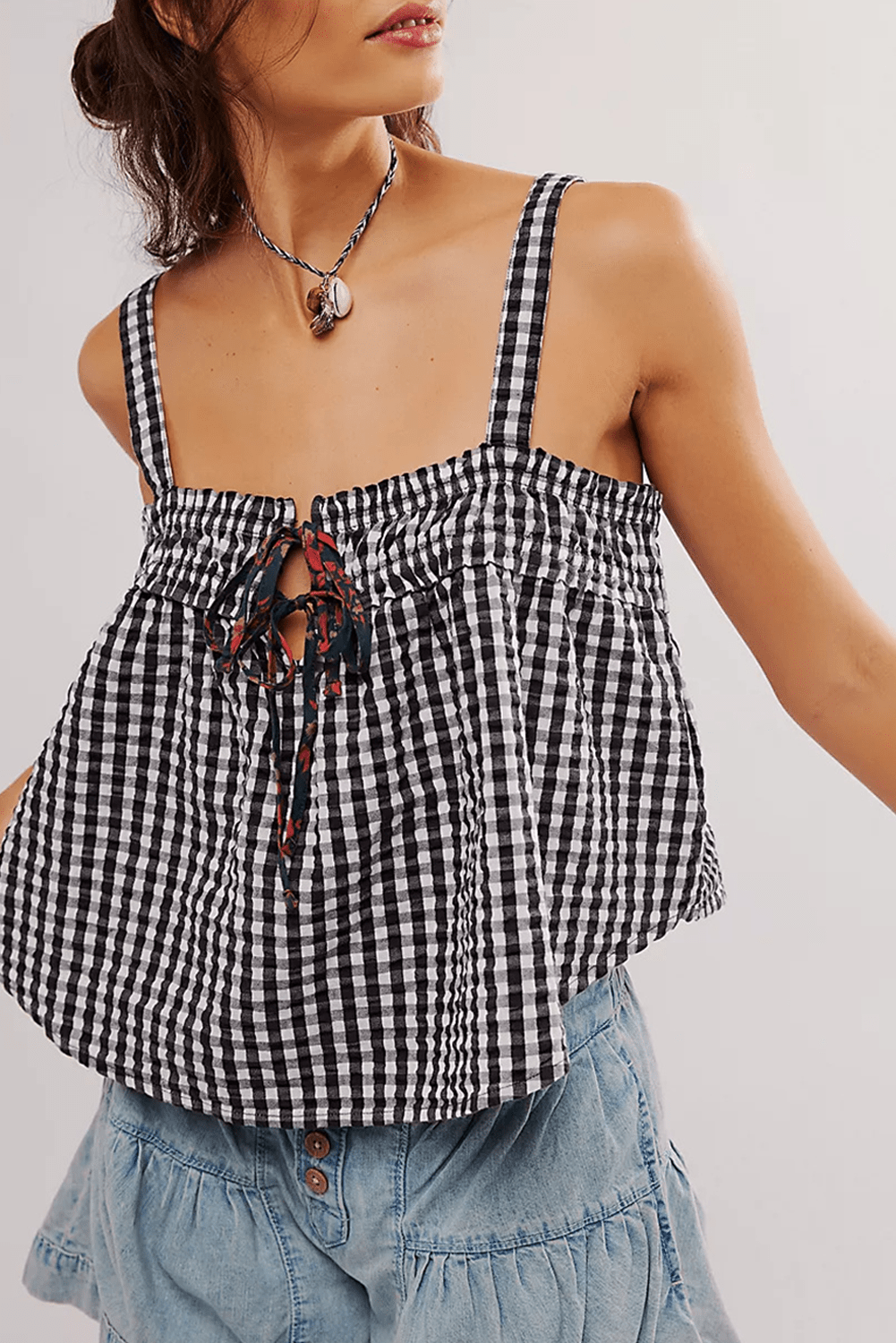 black checkered front tie cami top - MAD RUFFI