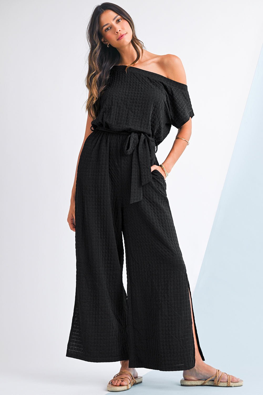 Black Checkered Mesh One Shoulder Short Sleeve Knotted Waist Jumpsuit - MAD RUFFI
