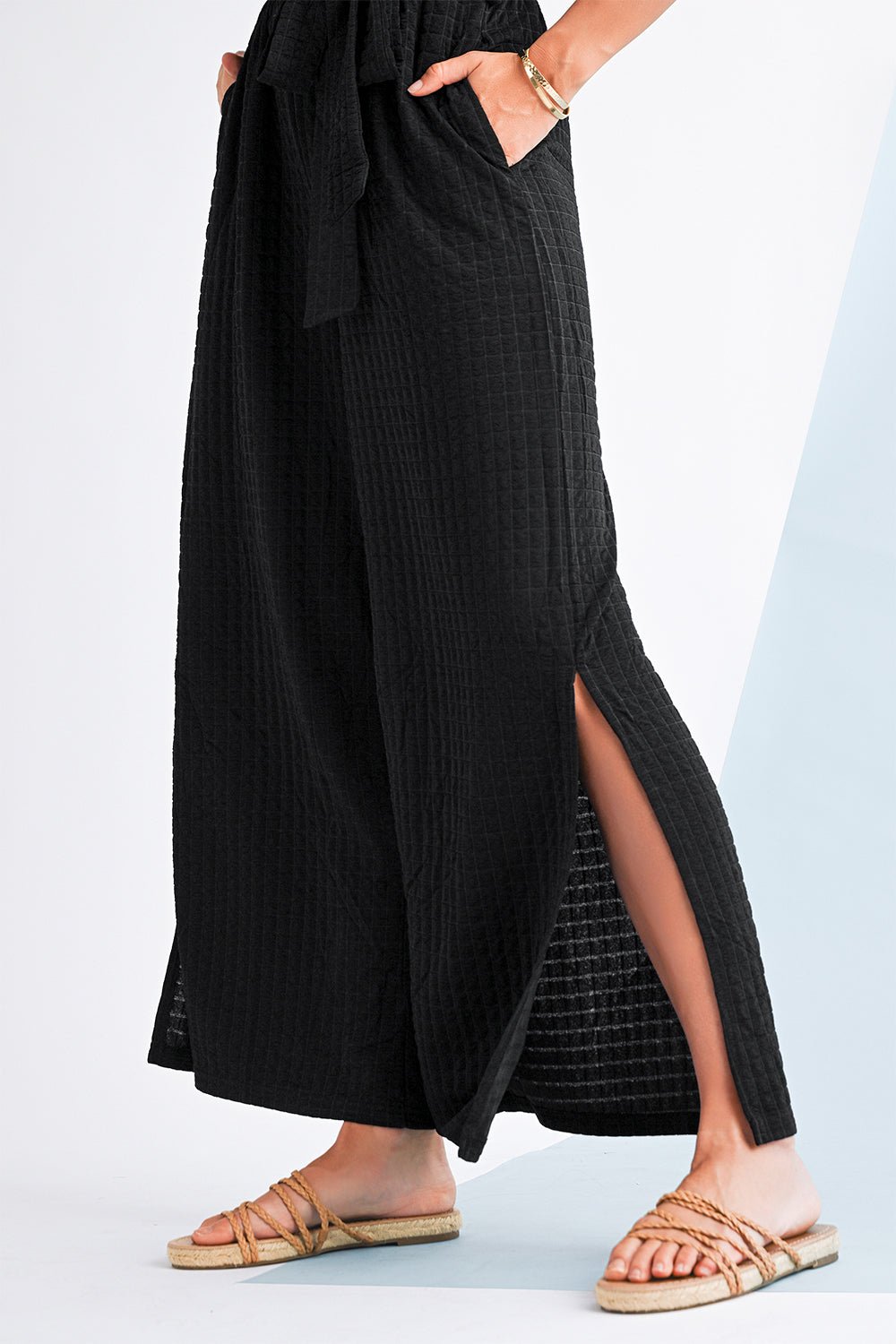 Black Checkered Mesh One Shoulder Short Sleeve Knotted Waist Jumpsuit - MAD RUFFI