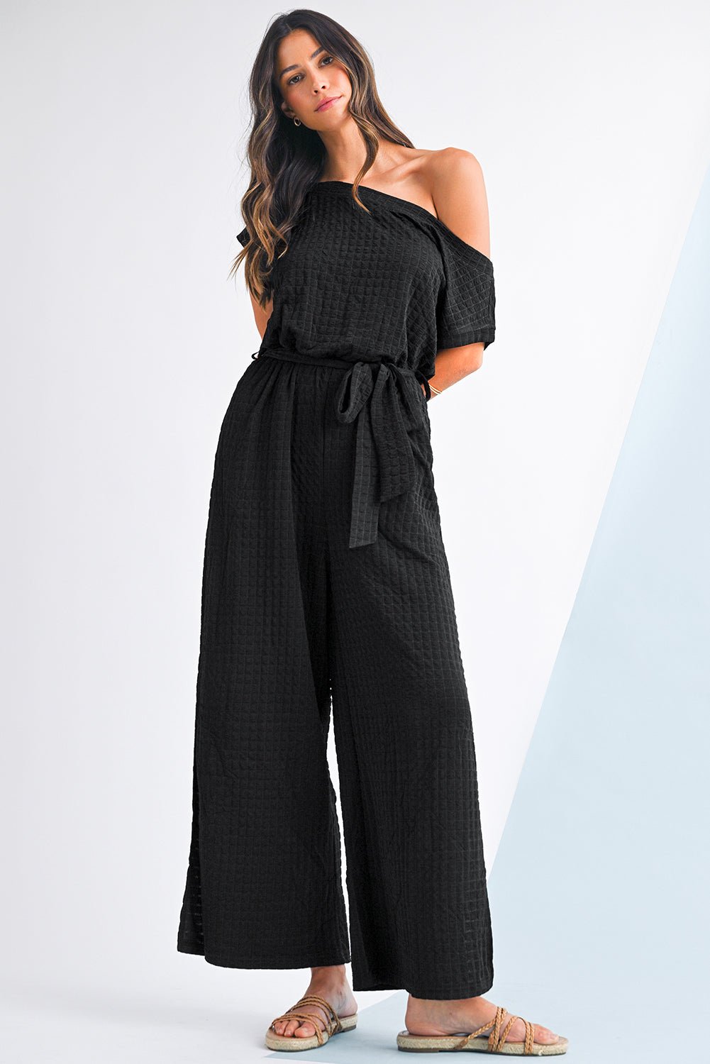 Black Checkered Mesh One Shoulder Short Sleeve Knotted Waist Jumpsuit - MAD RUFFI