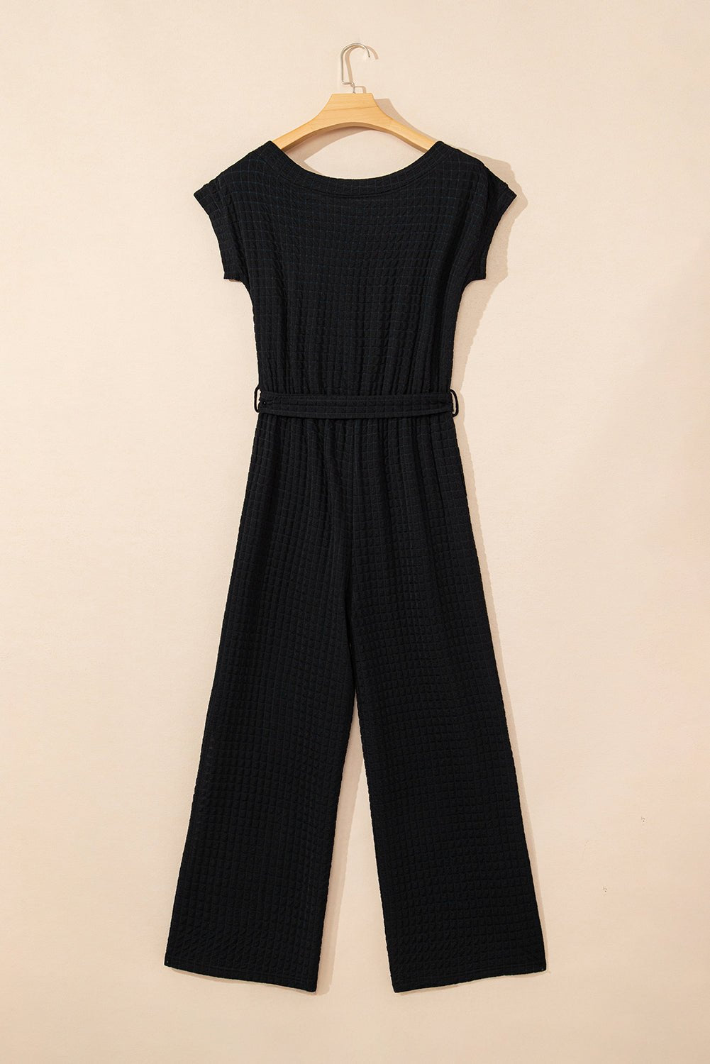 Black Checkered Mesh One Shoulder Short Sleeve Knotted Waist Jumpsuit - MAD RUFFI