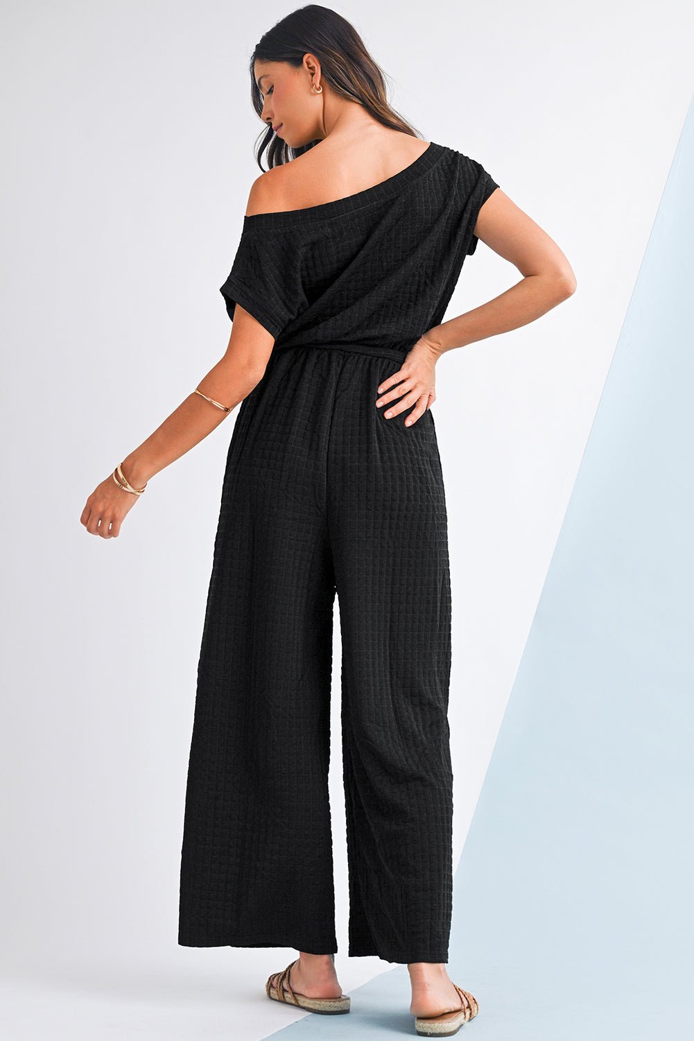 Black Checkered Mesh One Shoulder Short Sleeve Knotted Waist Jumpsuit - MAD RUFFI