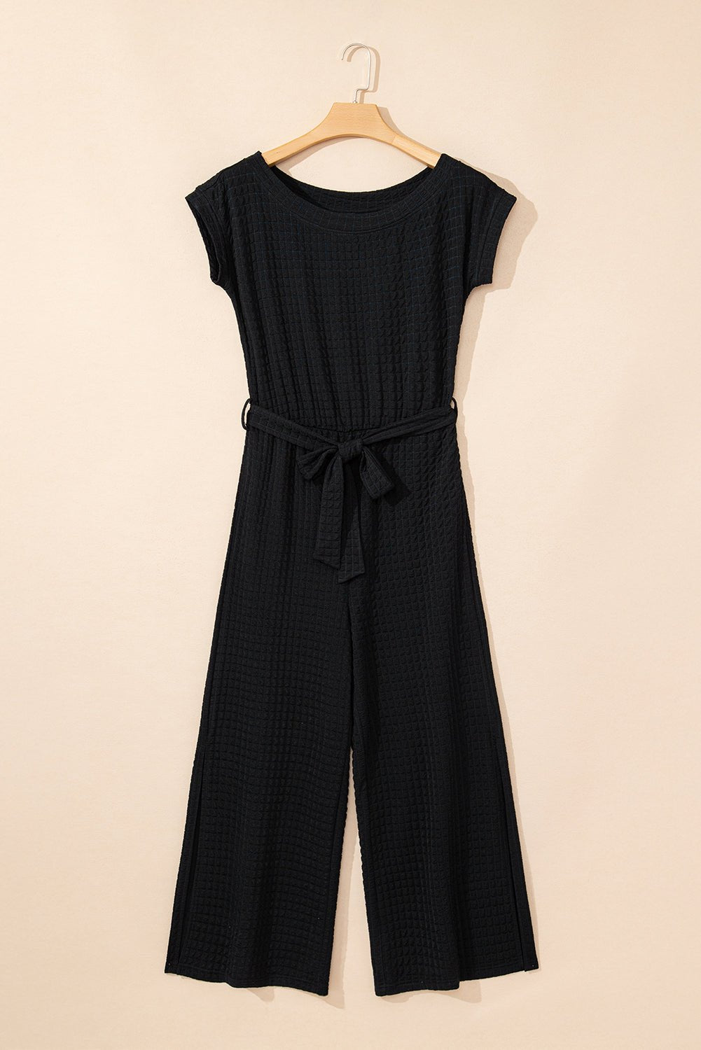Black Checkered Mesh One Shoulder Short Sleeve Knotted Waist Jumpsuit - MAD RUFFI