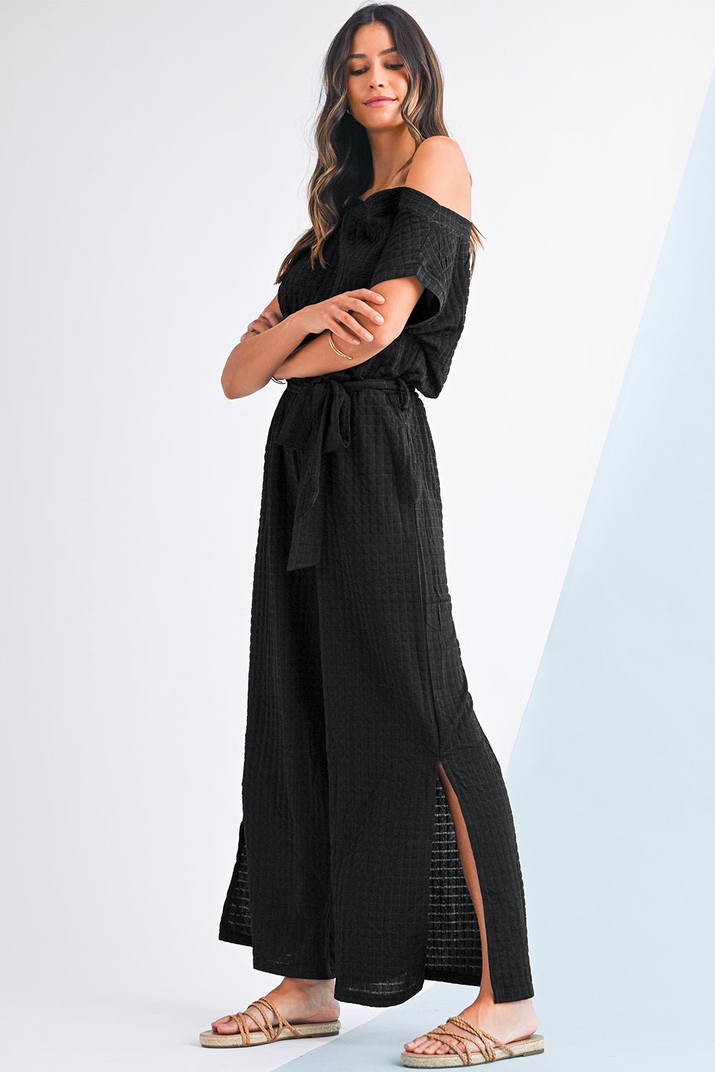 Black Checkered Mesh One Shoulder Short Sleeve Knotted Waist Jumpsuit - MAD RUFFI