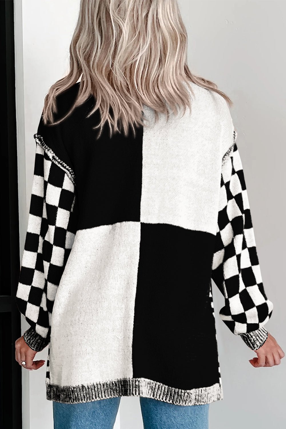 Black Checkered Open Front Drop Shoulder Cardigan - MAD RUFFI