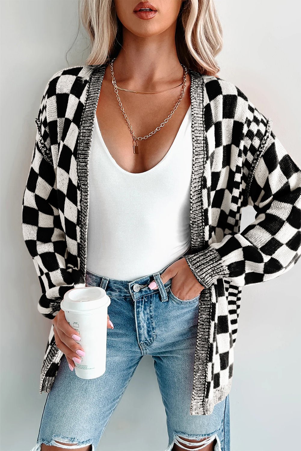 Black Checkered Open Front Drop Shoulder Cardigan - MAD RUFFI