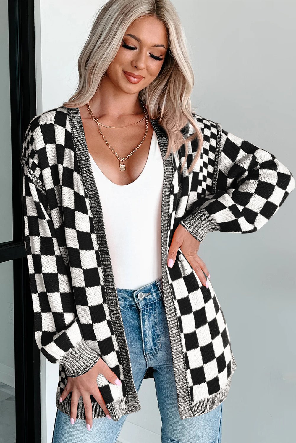Black Checkered Open Front Drop Shoulder Cardigan - MAD RUFFI