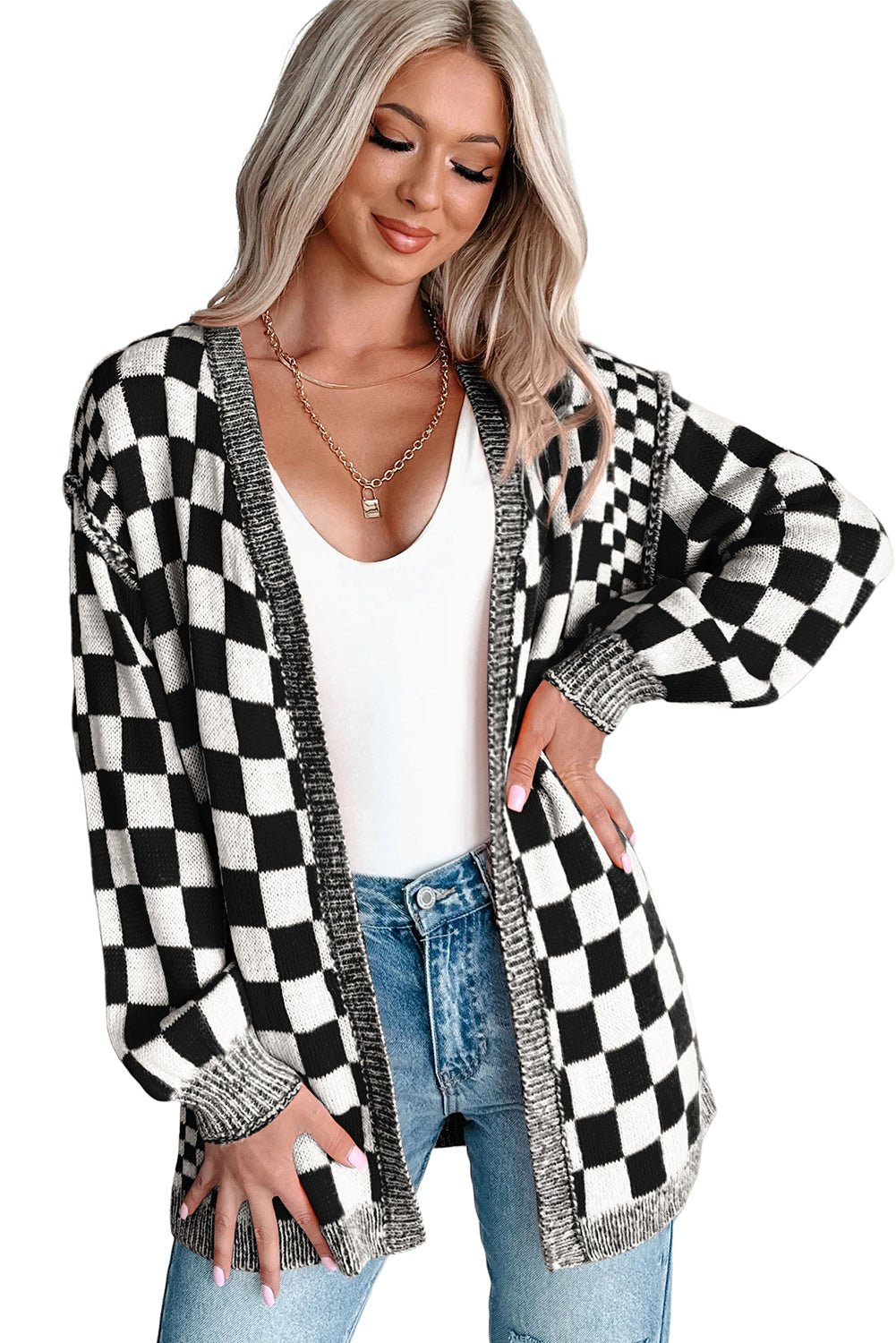 Black Checkered Open Front Drop Shoulder Cardigan - MAD RUFFI