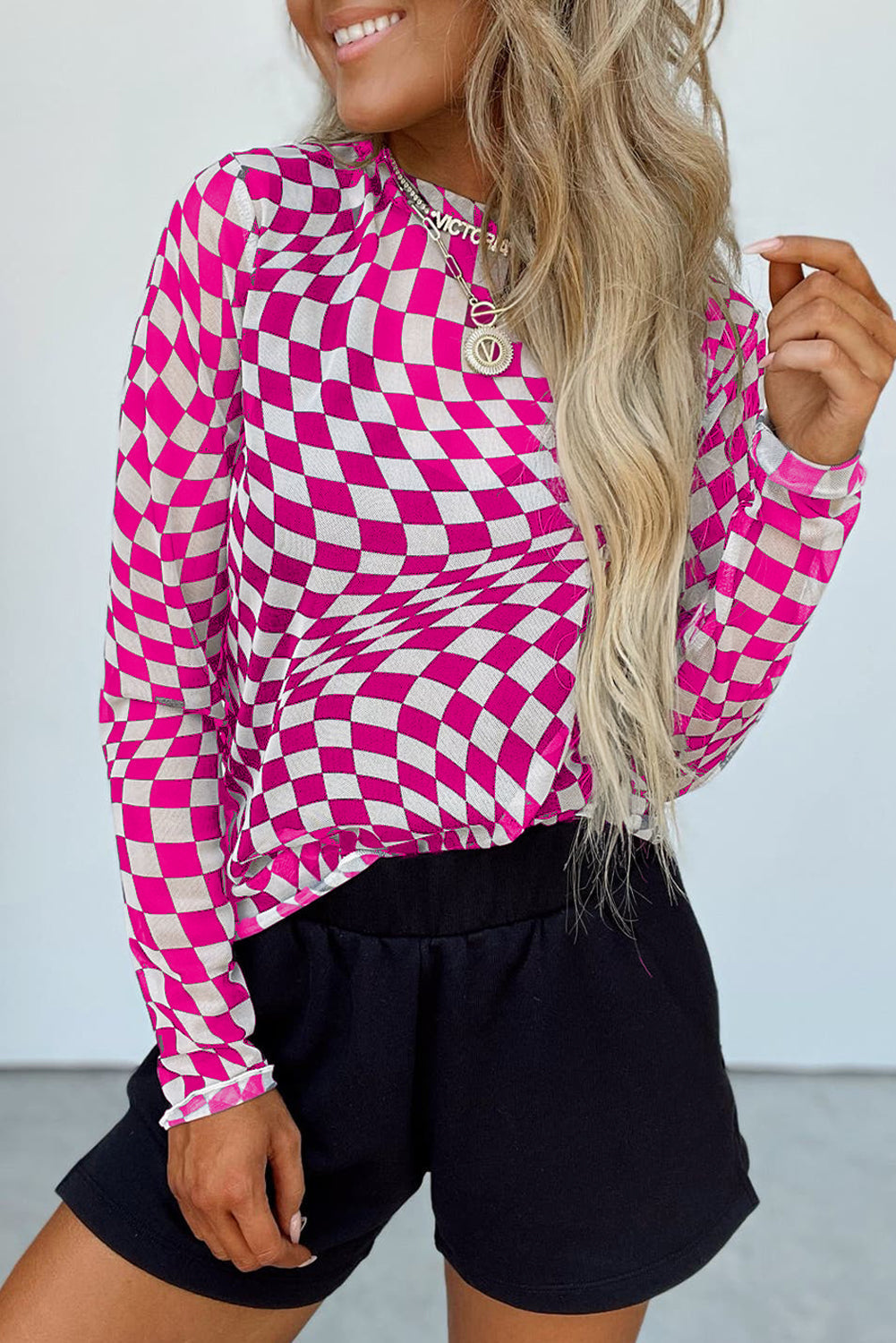 Black Checkered Pattern Mesh Long Sleeve Top - MAD RUFFI