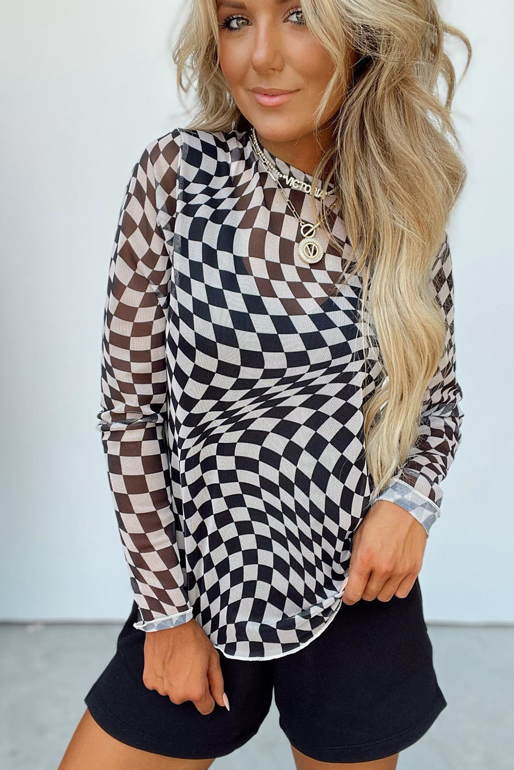 Black Checkered Pattern Mesh Long Sleeve Top - MAD RUFFI