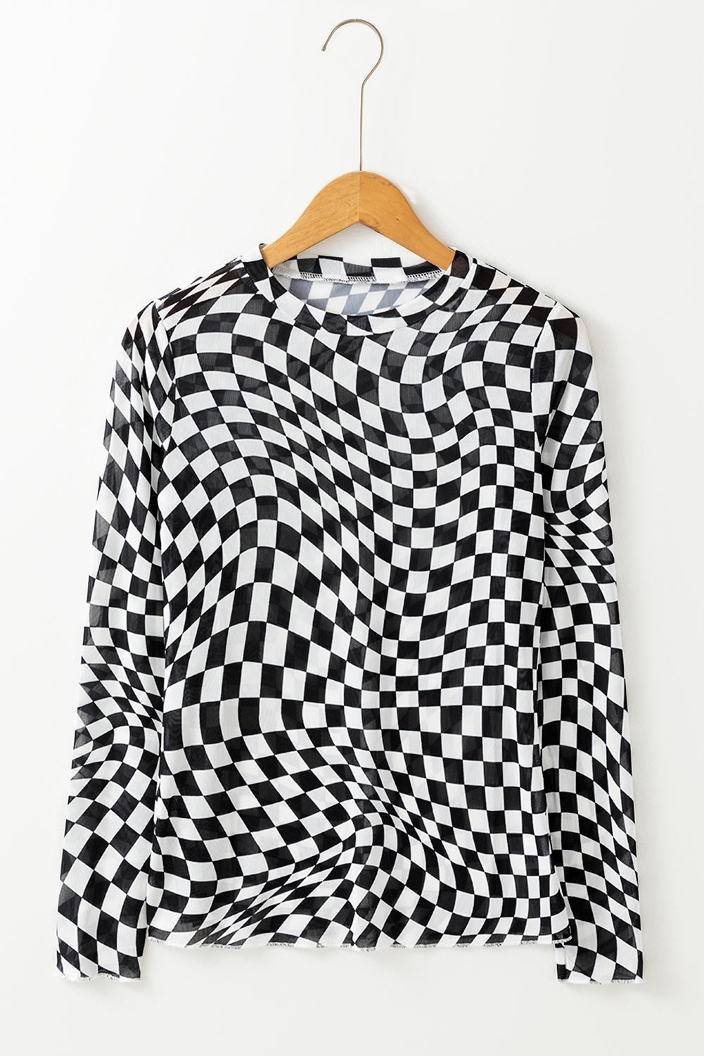 Black Checkered Pattern Mesh Long Sleeve Top - MAD RUFFI