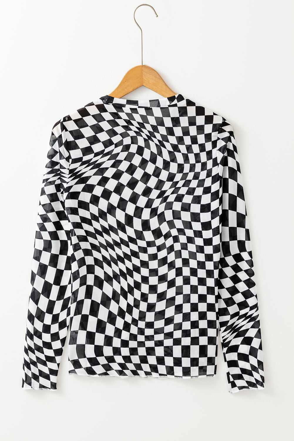 Black Checkered Pattern Mesh Long Sleeve Top - MAD RUFFI