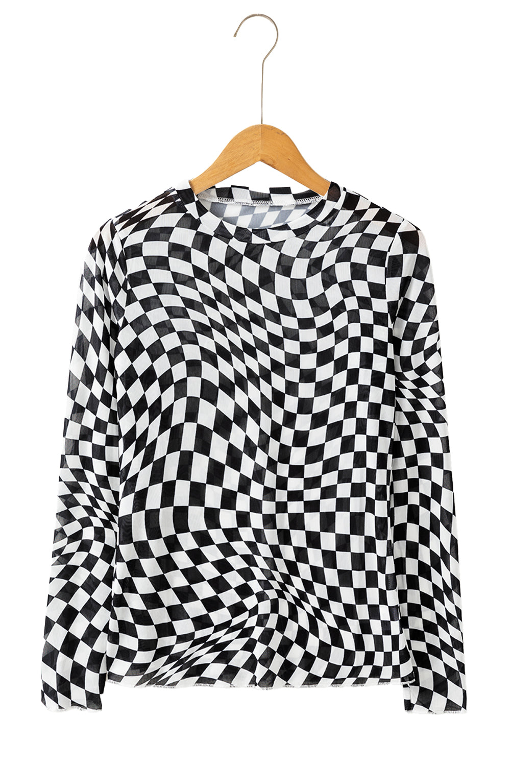 Black Checkered Pattern Mesh Long Sleeve Top - MAD RUFFI