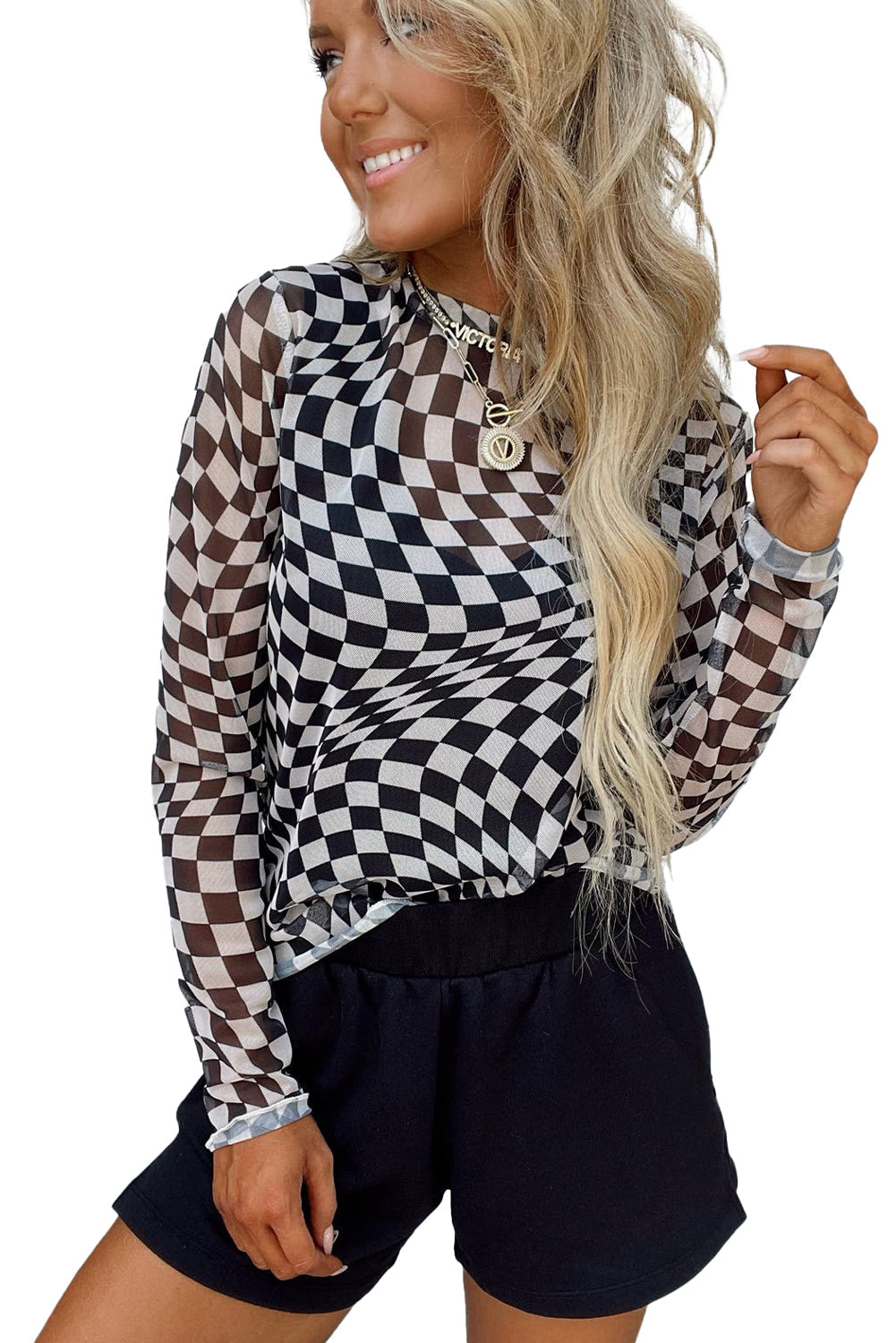 Black Checkered Pattern Mesh Long Sleeve Top - MAD RUFFI