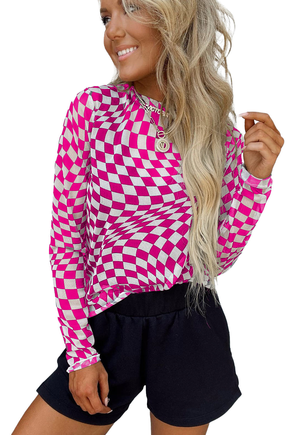 Black Checkered Pattern Mesh Long Sleeve Top - MAD RUFFI