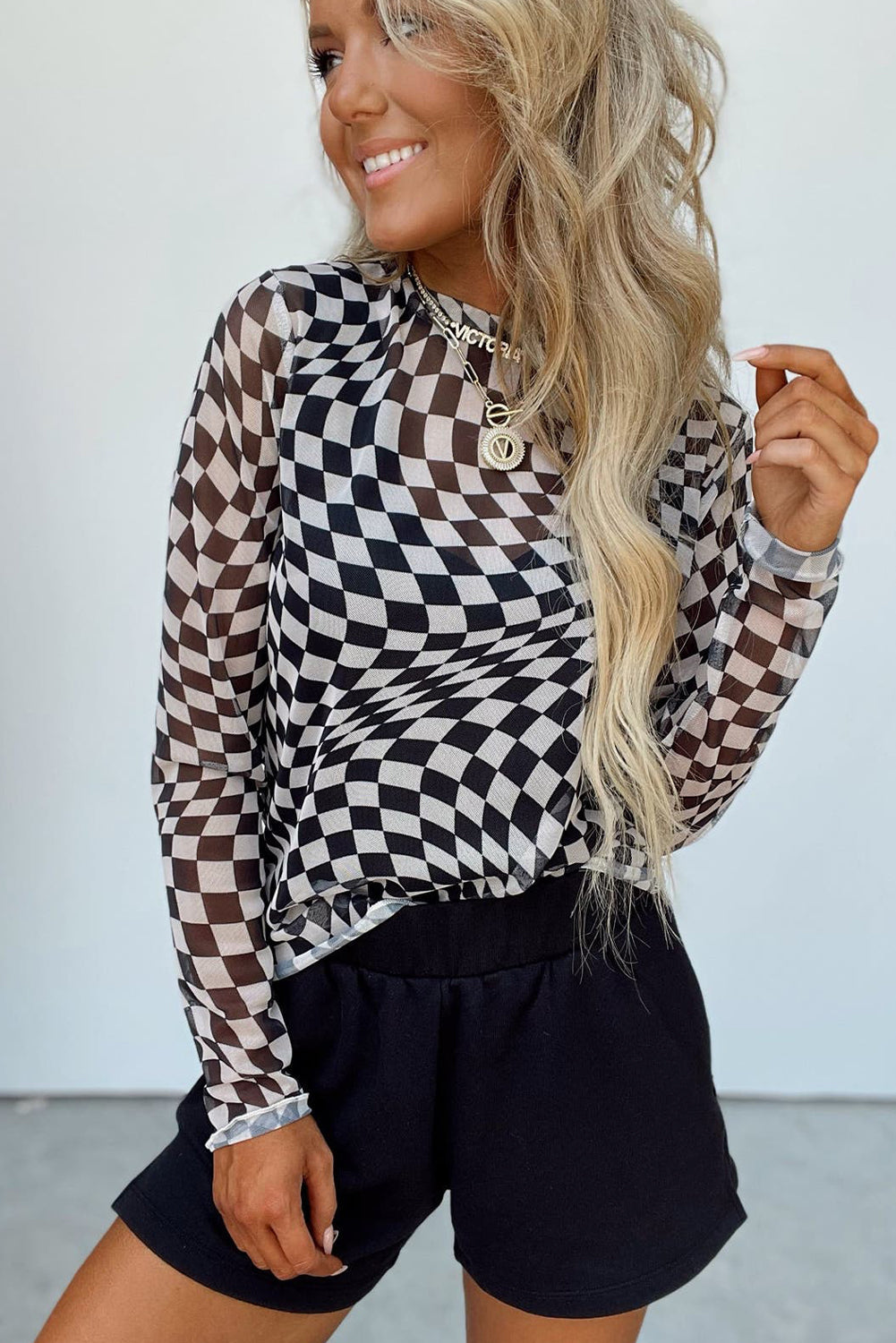 Black Checkered Pattern Mesh Long Sleeve Top - MAD RUFFI