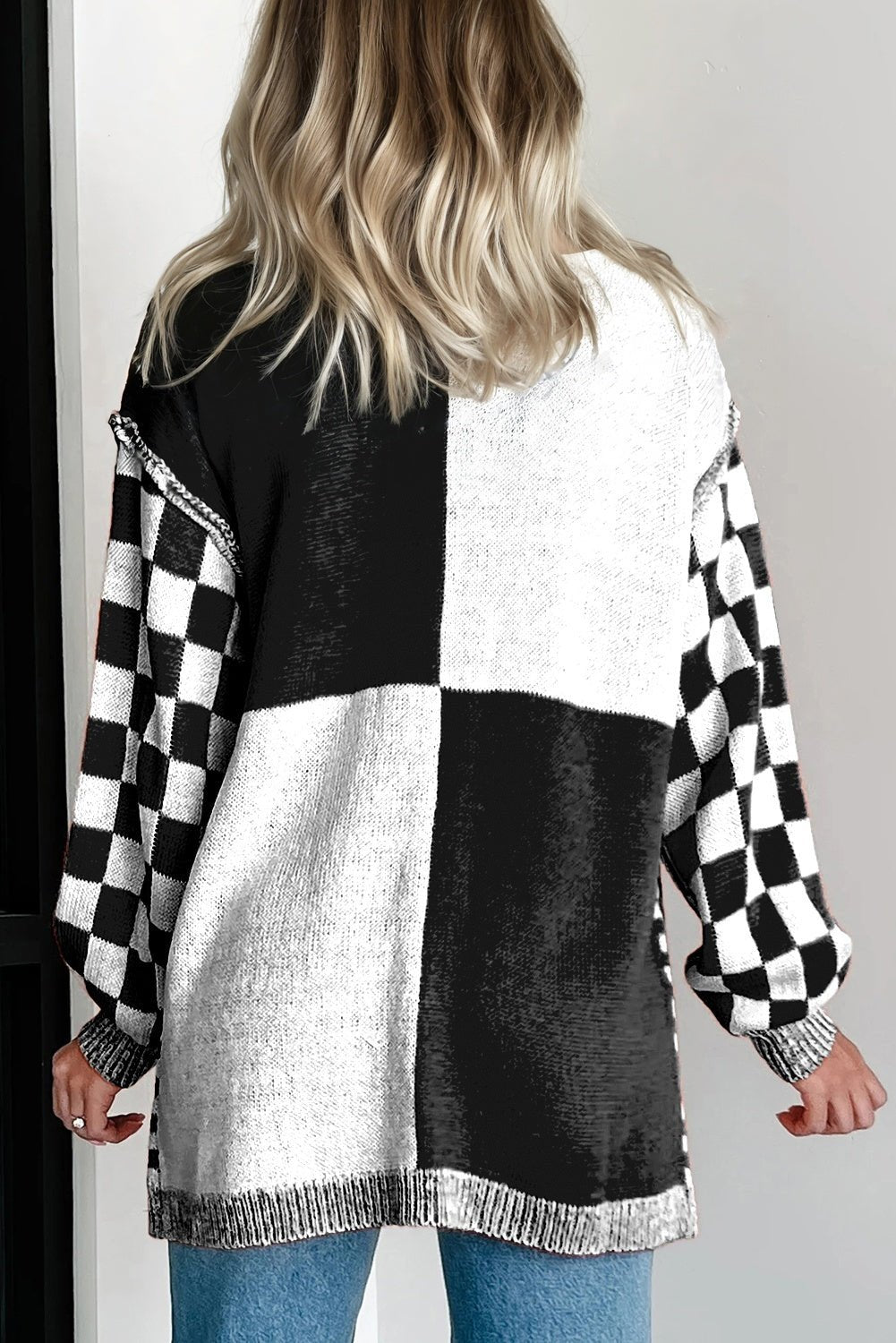 Black Checkered Plus Size Drop Shoulder Knit Cardigan - MAD RUFFI