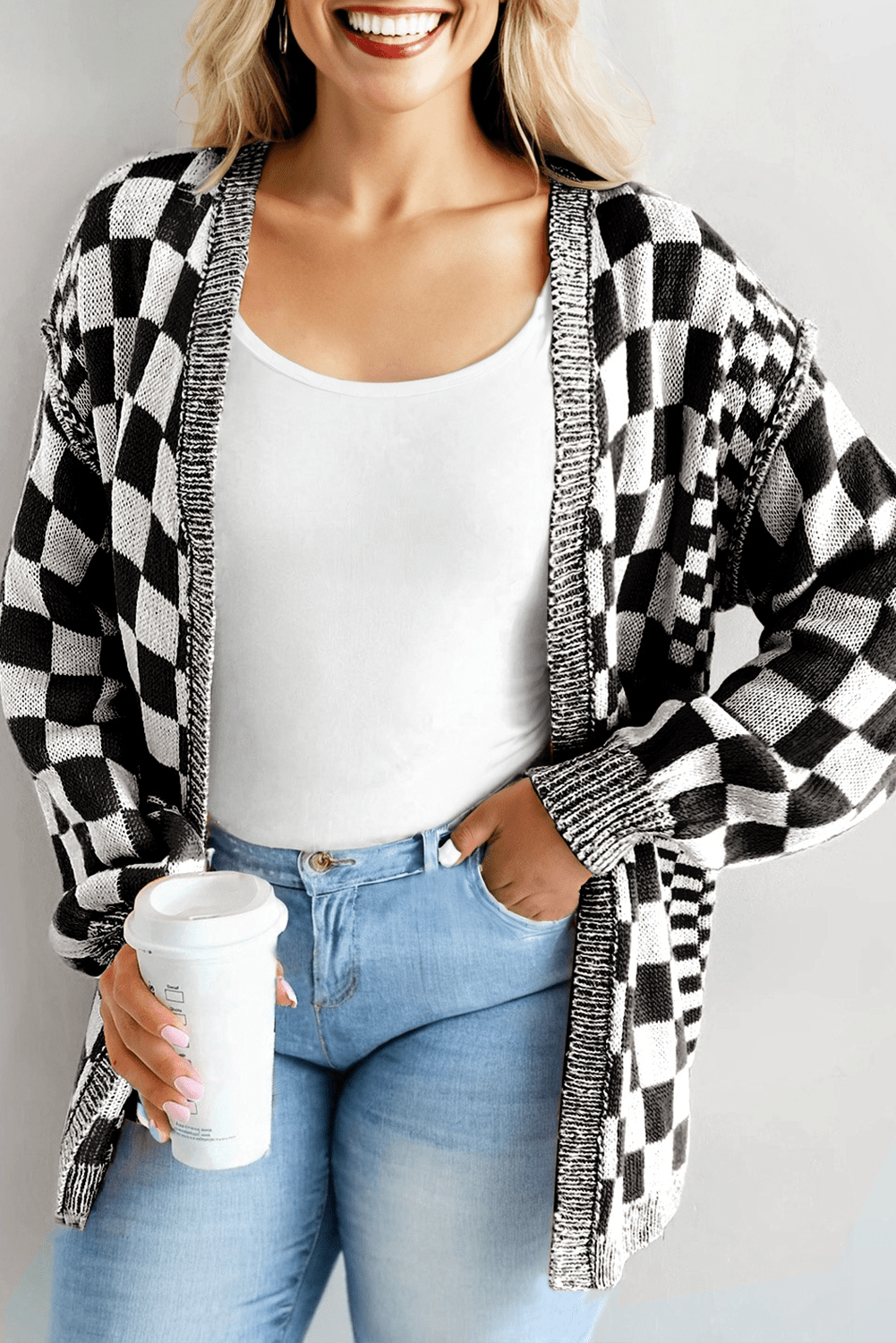 Black Checkered Plus Size Drop Shoulder Knit Cardigan - MAD RUFFI