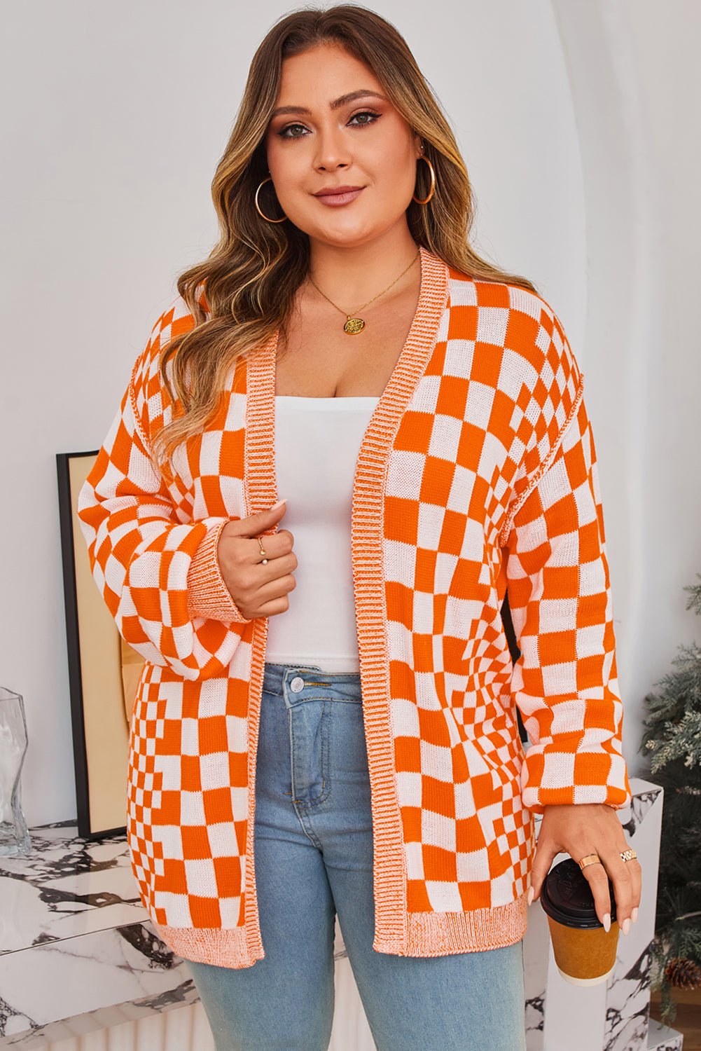Black Checkered Plus Size Drop Shoulder Knit Cardigan - MAD RUFFI