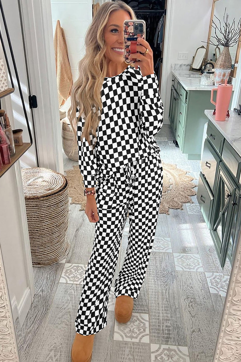 Black Checkered Print Long Sleeve Loose Fit Pajama Set - Loungewear Set